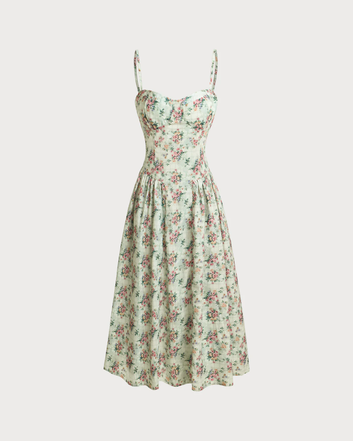 Green Floral Sweetheart Neck Pleated Slip Midi Dress - Image 5