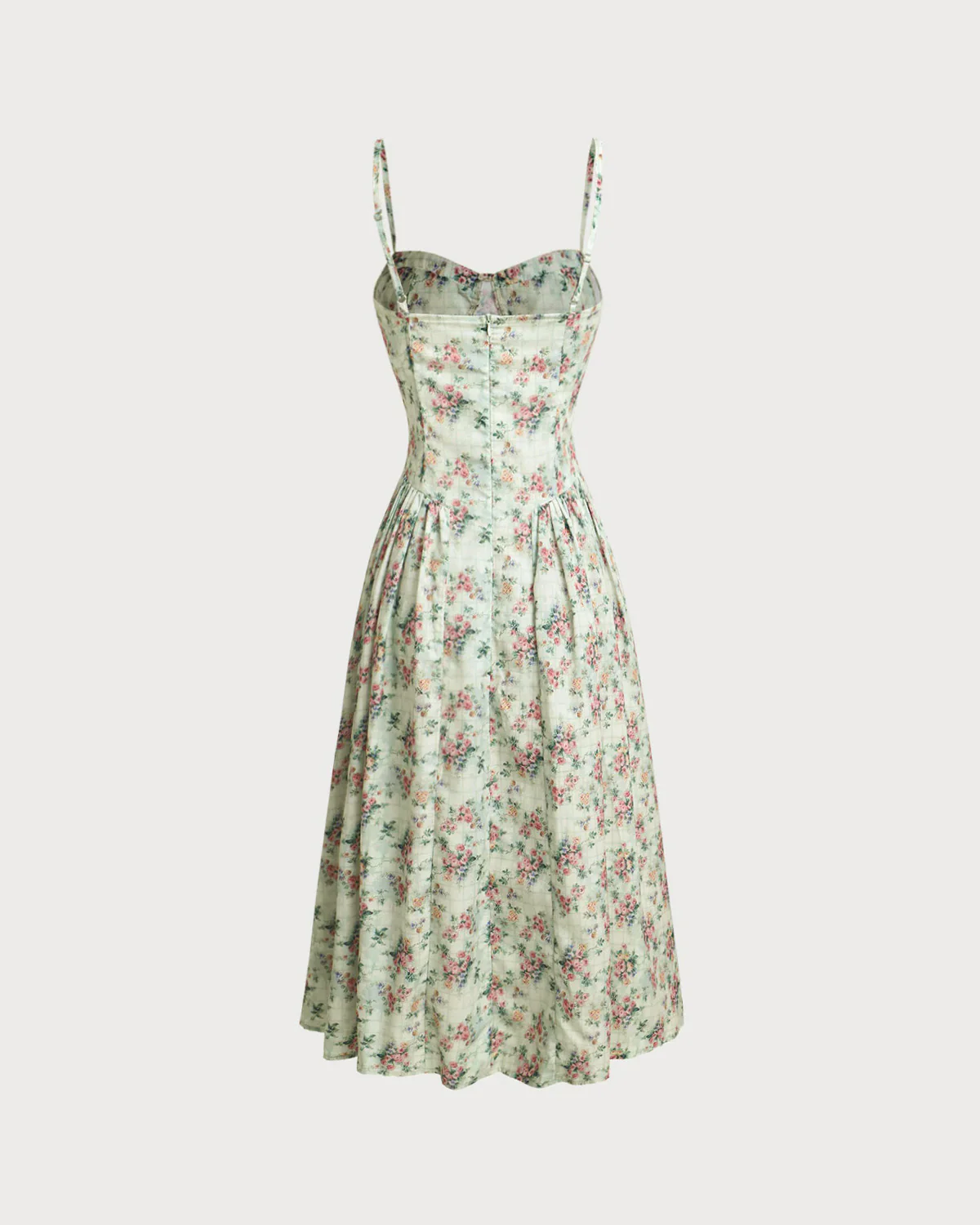 Green Floral Sweetheart Neck Pleated Slip Midi Dress - Image 6