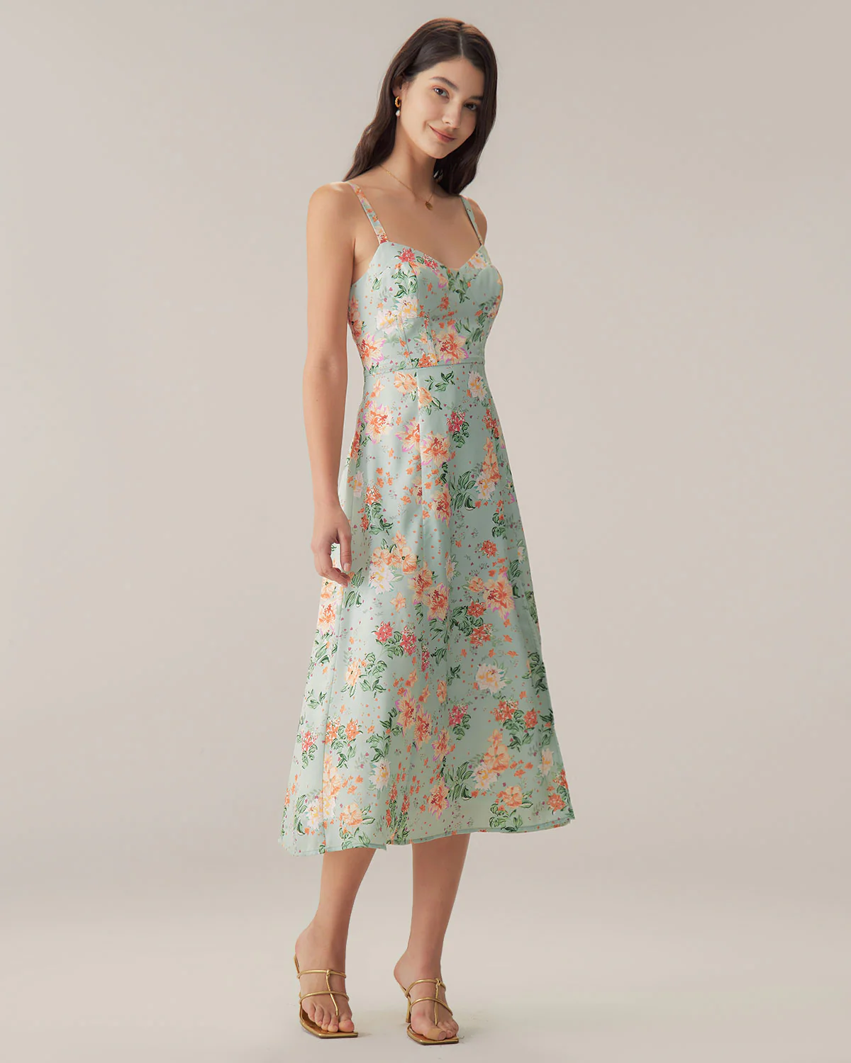 Green Floral Sweetheart Neck Slip Midi Dress - Image 3