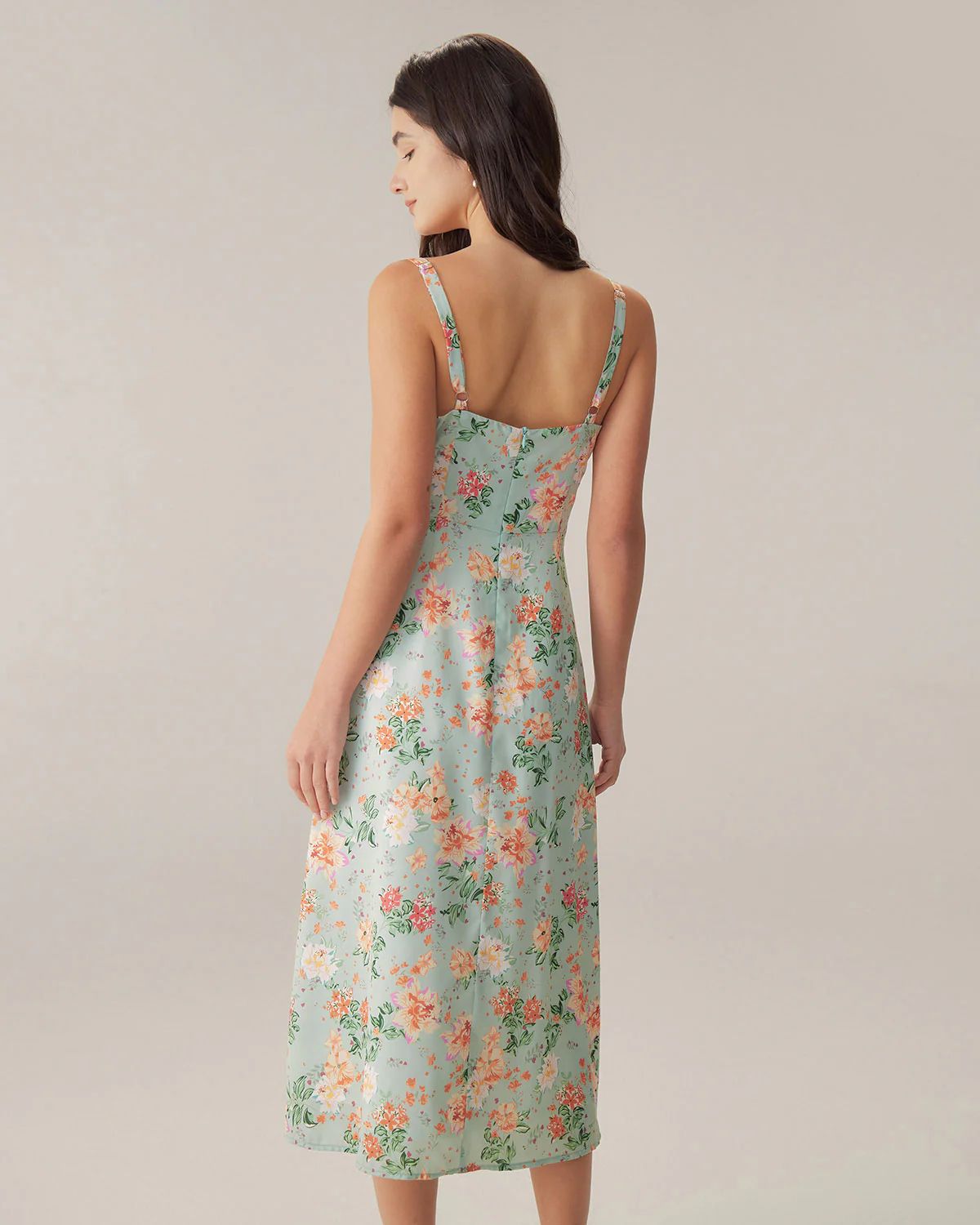 Green Floral Sweetheart Neck Slip Midi Dress - Image 4