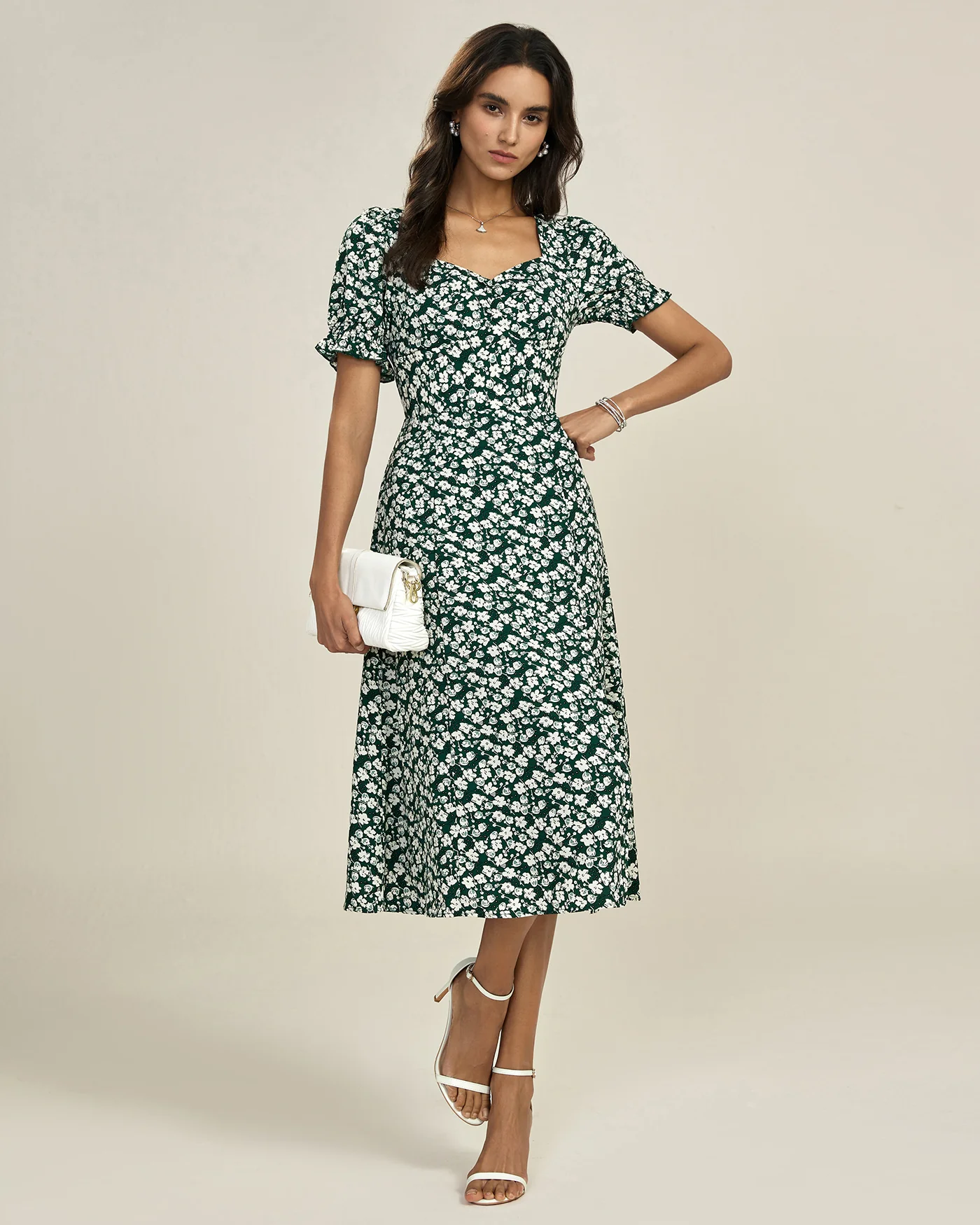 Green Floral V Neck Midi Dress - Image 4