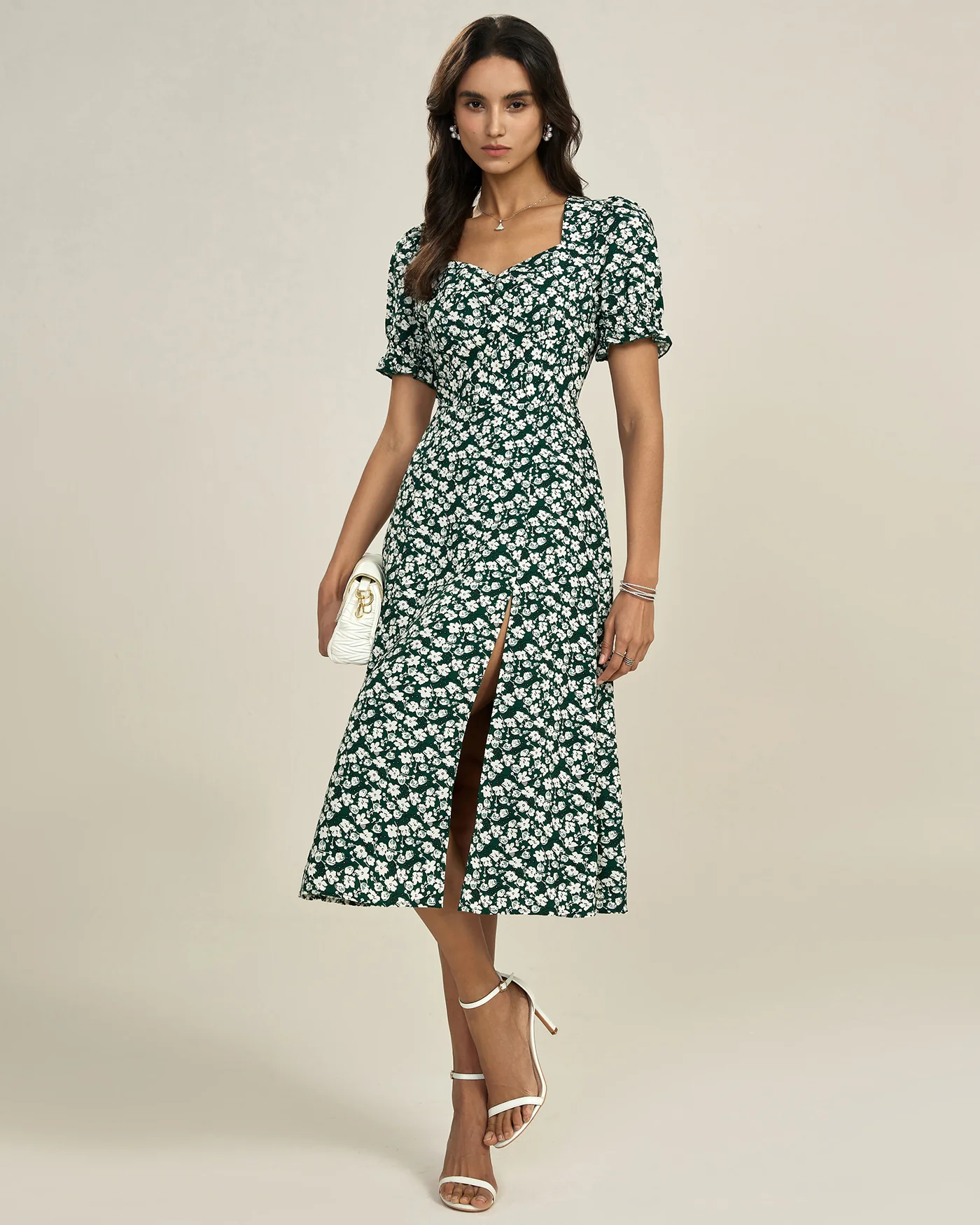 Green Floral V Neck Midi Dress - Image 5