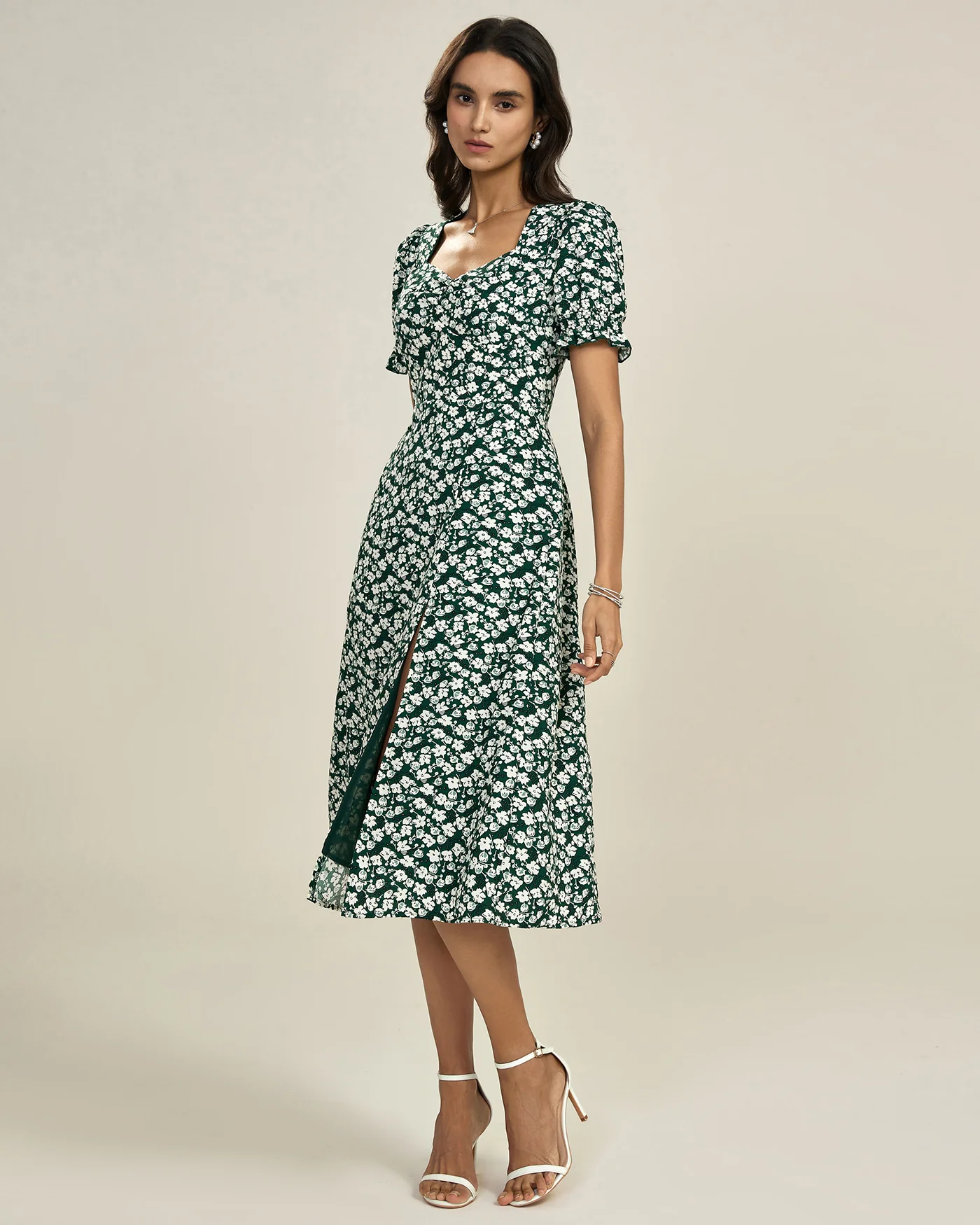 Green Floral V Neck Midi Dress - Image 6