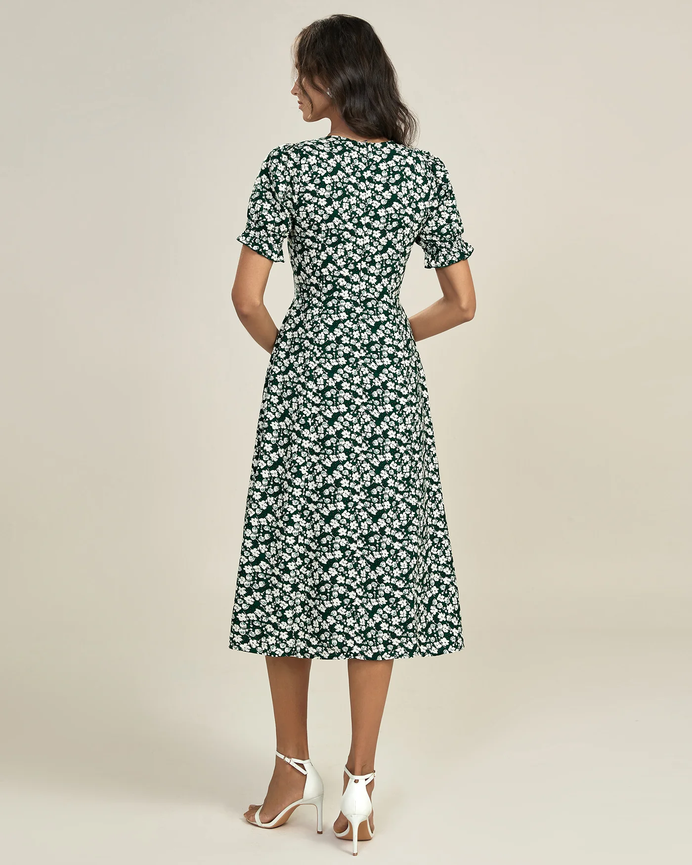 Green Floral V Neck Midi Dress - Image 7