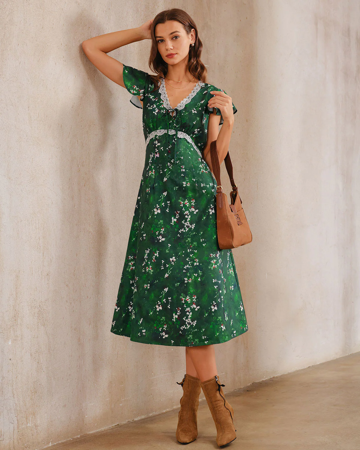 Green Floral V Neck Ruched Midi Dress - Image 3