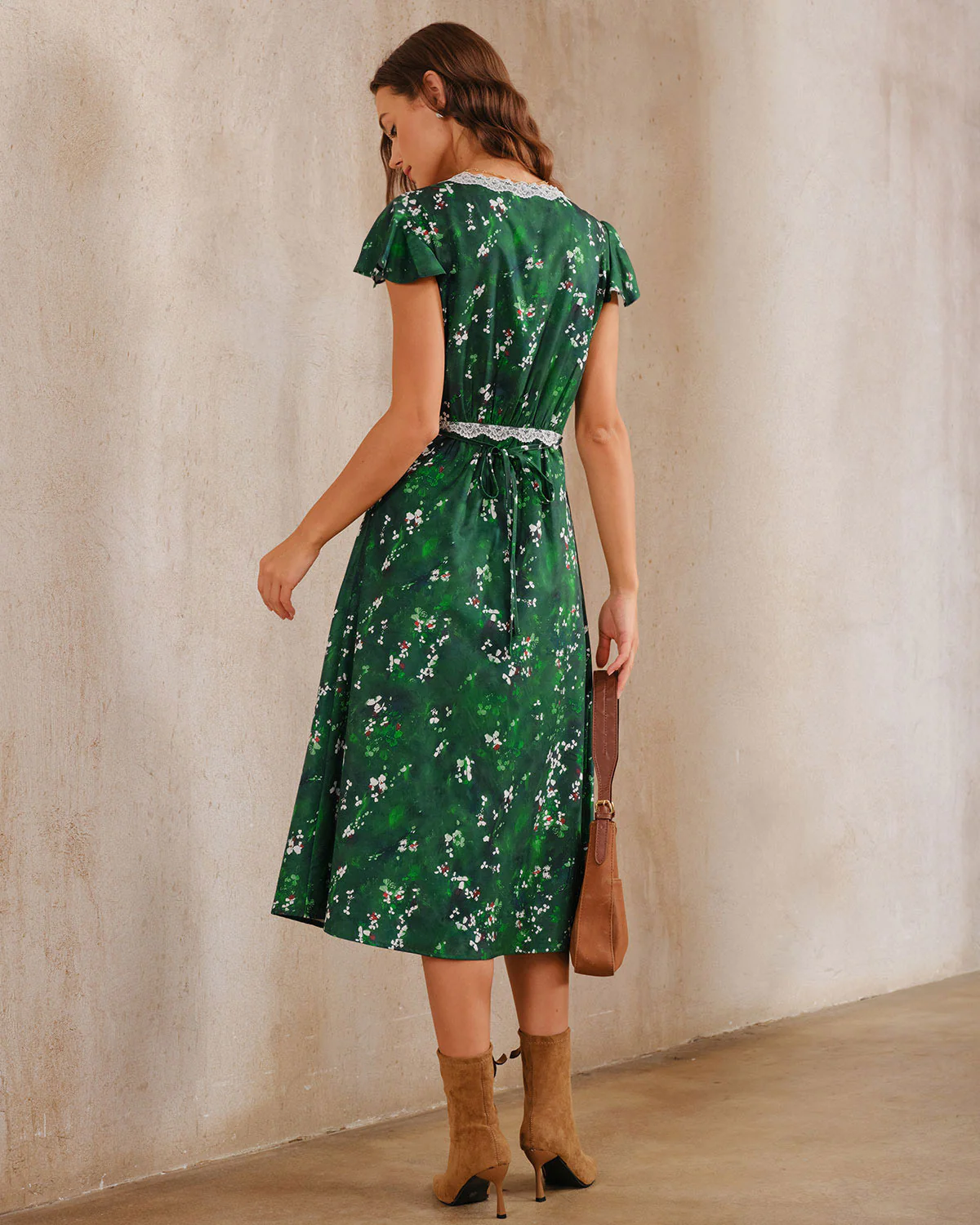 Green Floral V Neck Ruched Midi Dress - Image 4