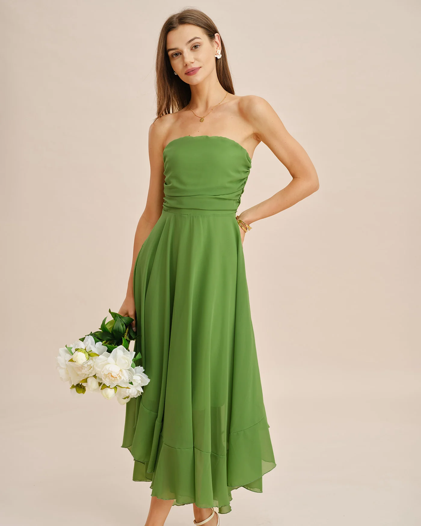 Green Flowy Strapless Midi Dress - Image 3