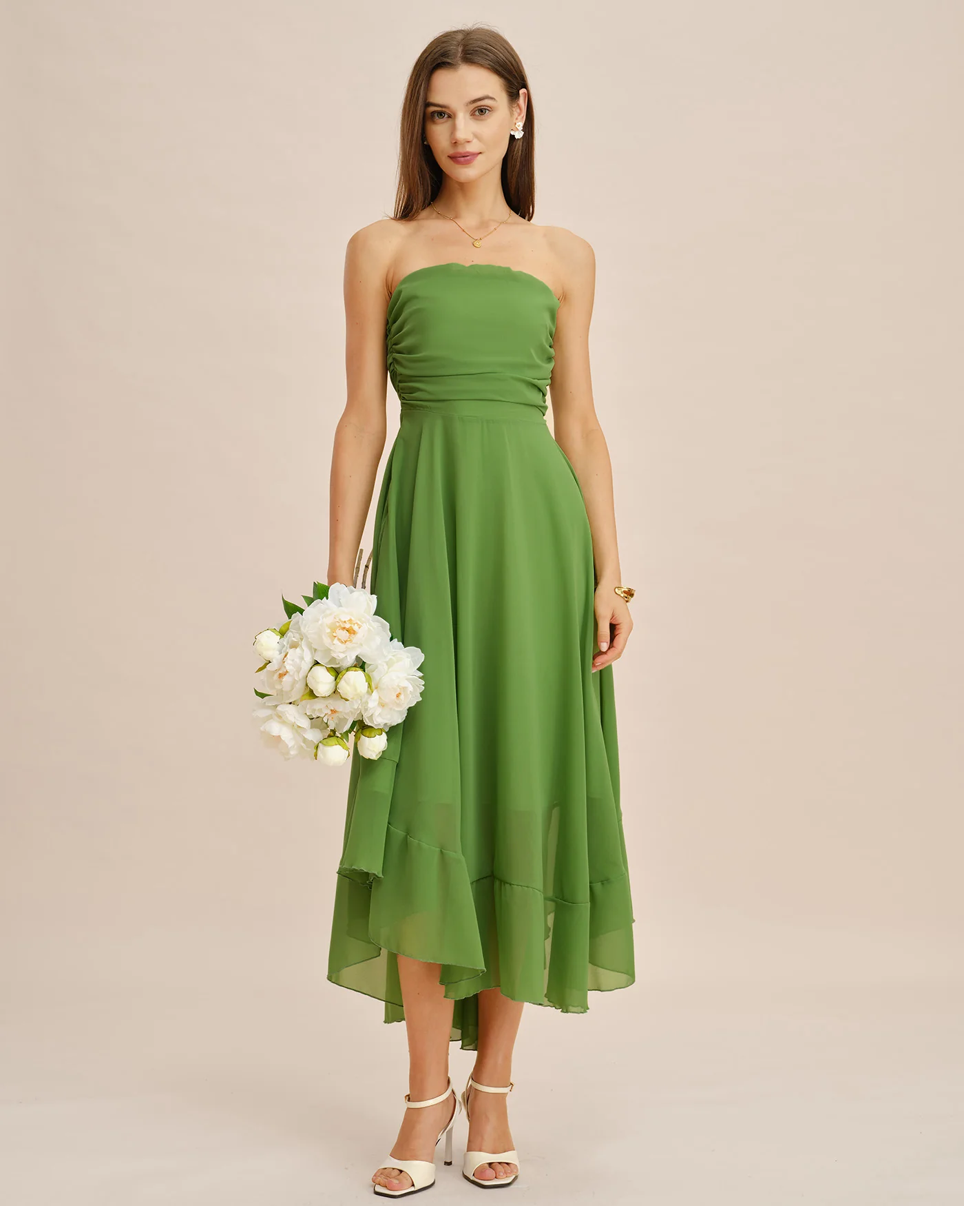 Green Flowy Strapless Midi Dress - Image 4