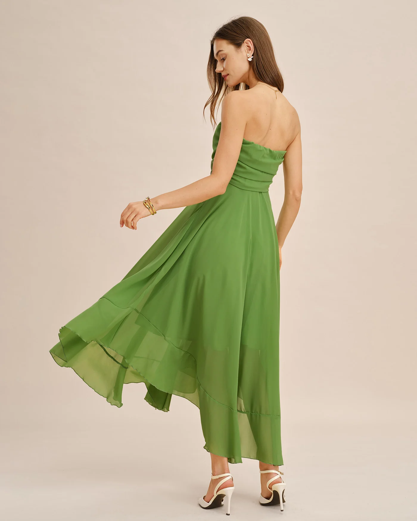 Green Flowy Strapless Midi Dress - Image 5