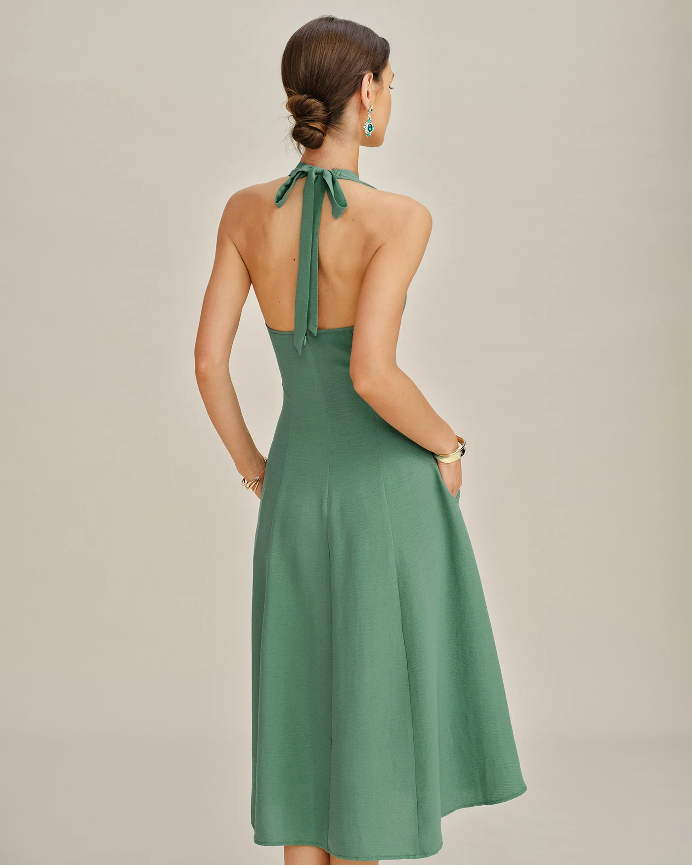 Green Halter Button Pockets Midi Dress - Image 2