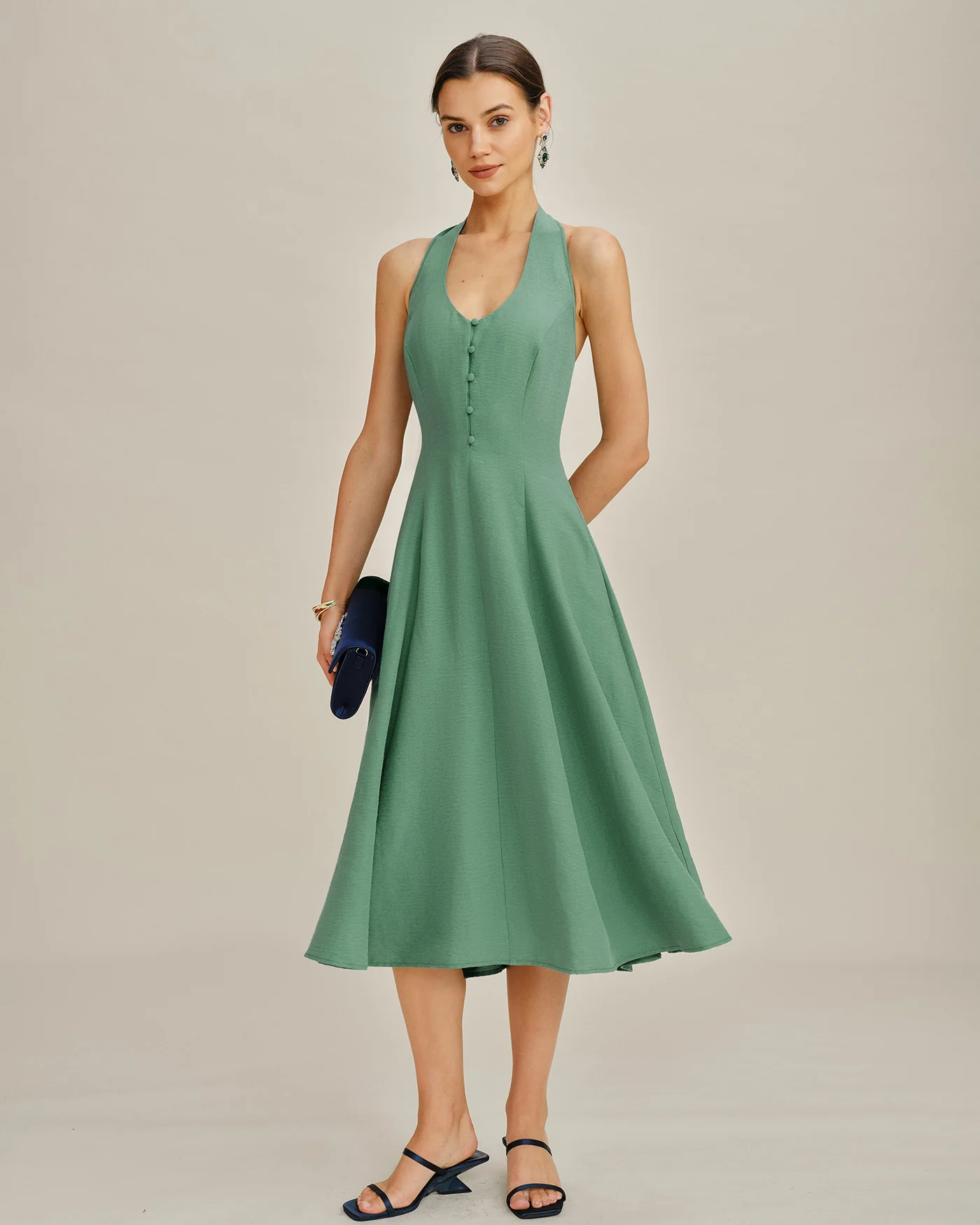 Green Halter Button Pockets Midi Dress - Image 4