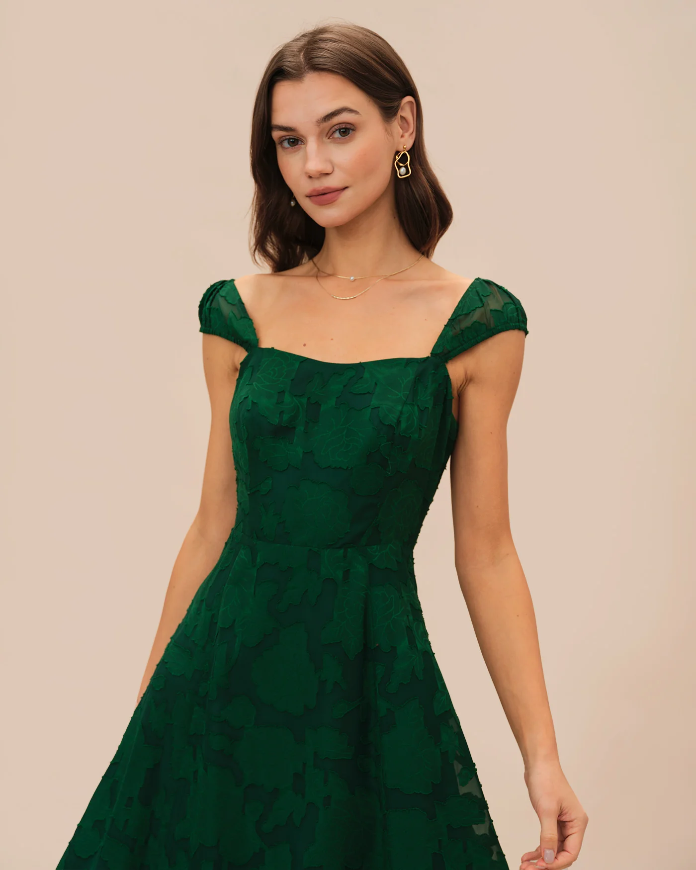 Green Jacquard Cap Sleeve Midi Dress - Image 2