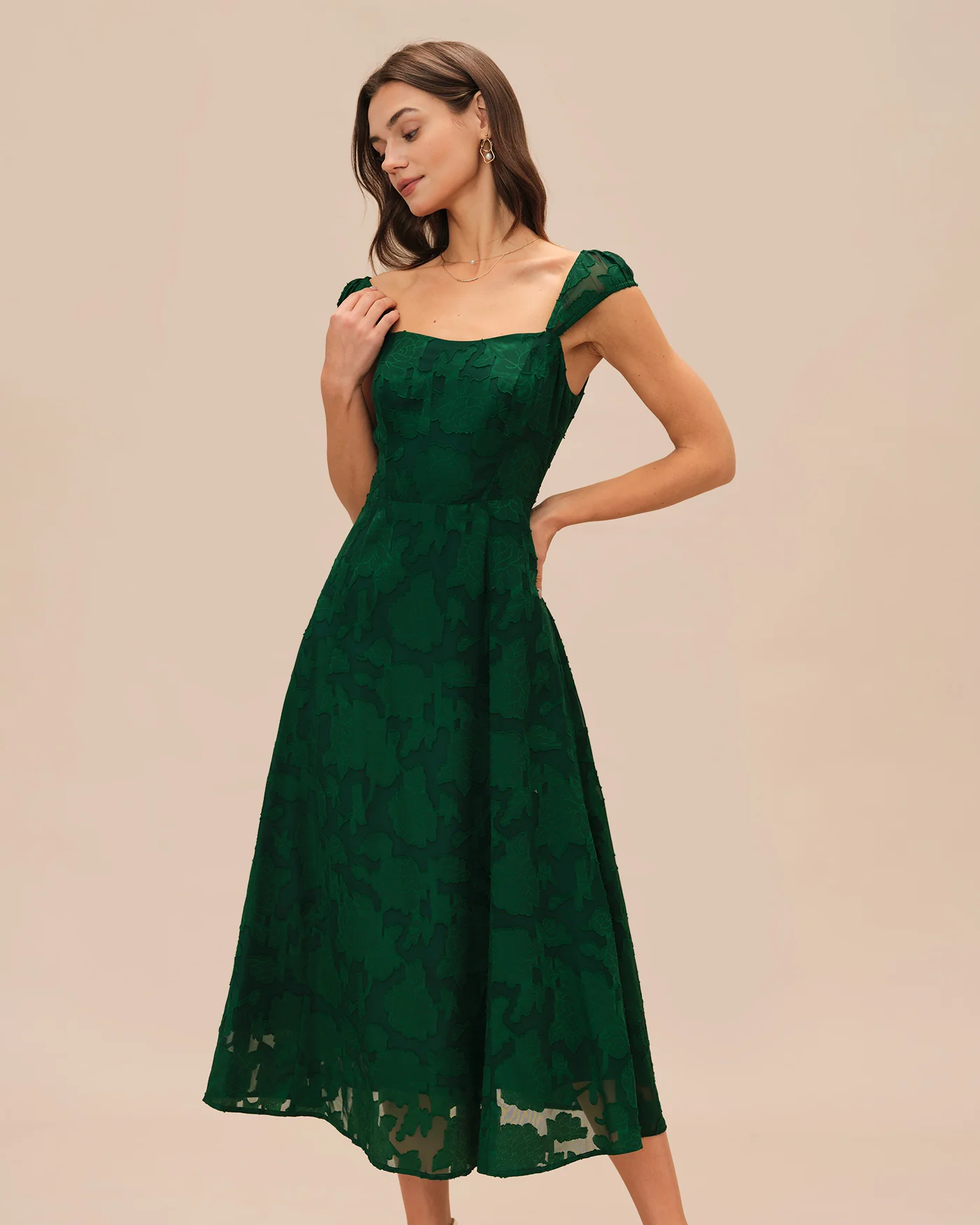 Green Jacquard Cap Sleeve Midi Dress - Image 3