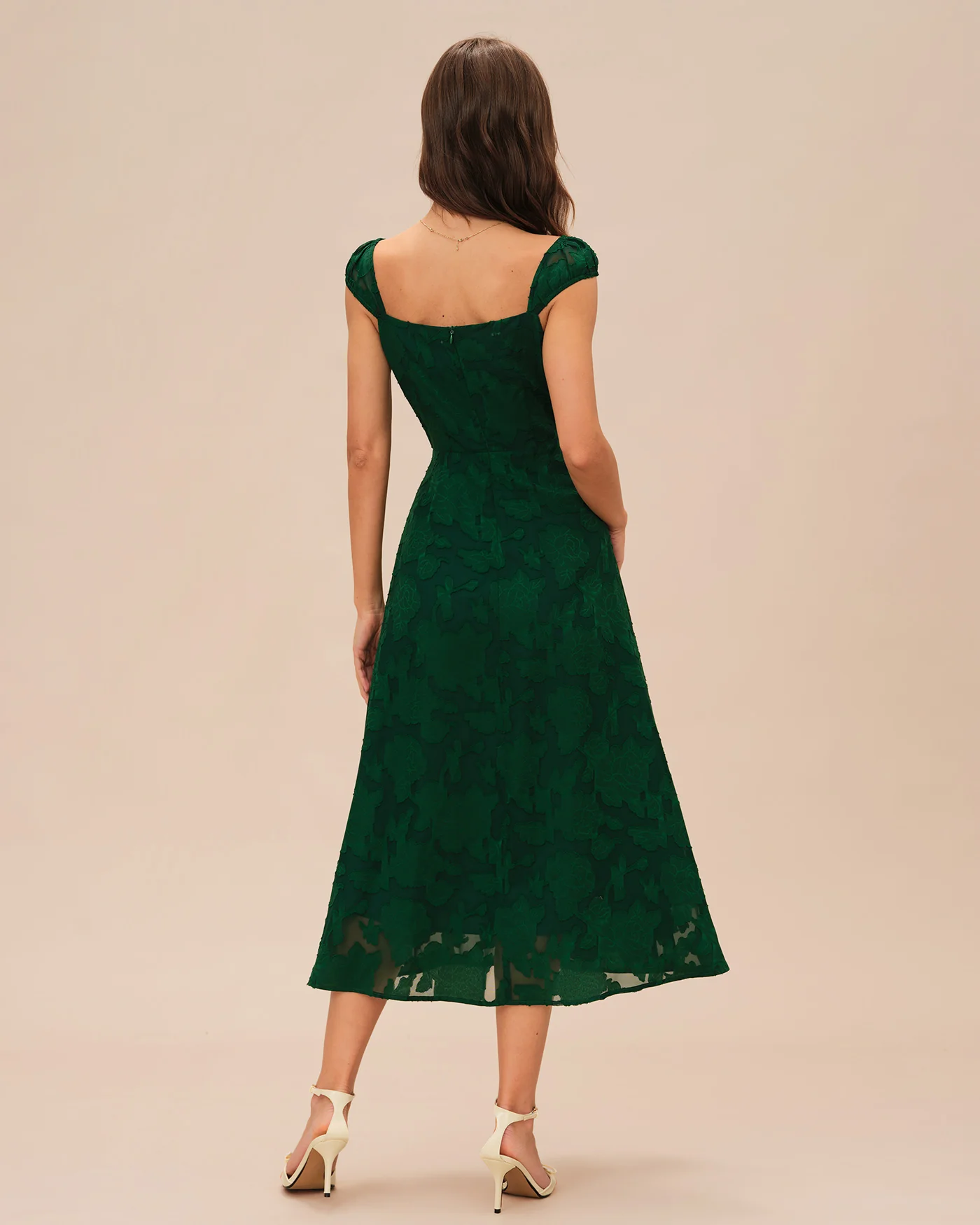 Green Jacquard Cap Sleeve Midi Dress - Image 4