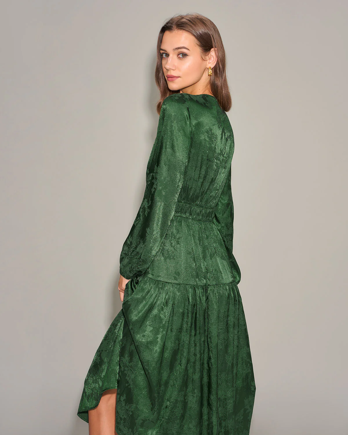 Green Jacquard Lantern Sleeve Midi Dress - Image 3