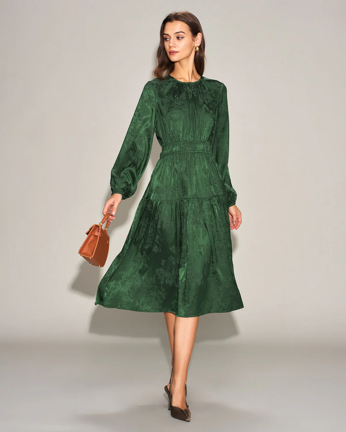 Green Jacquard Lantern Sleeve Midi Dress - Image 4