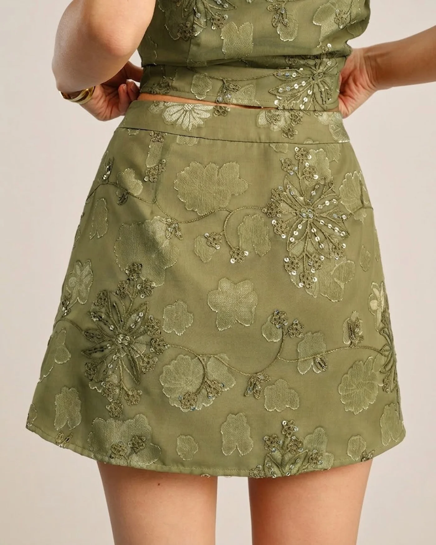 Green Jacquard Sequins Mini Skirt - Image 4