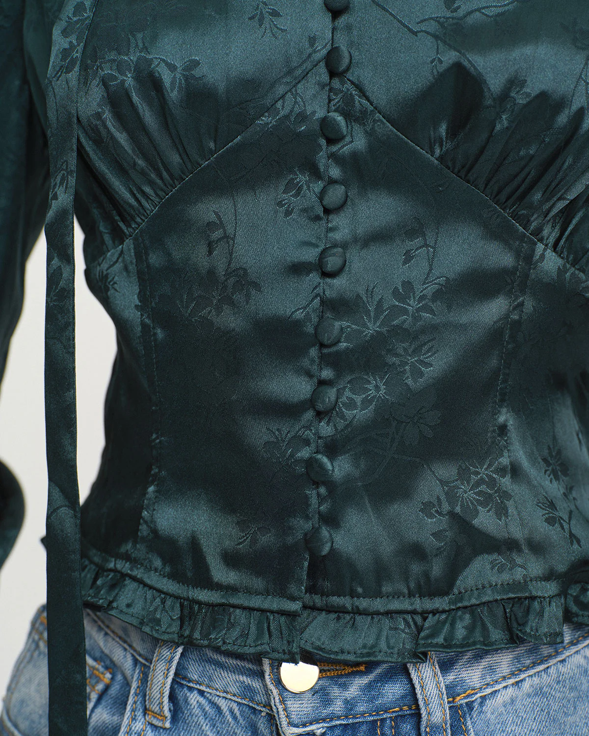 Green Jacquard Tie Neck Blouse - Image 2