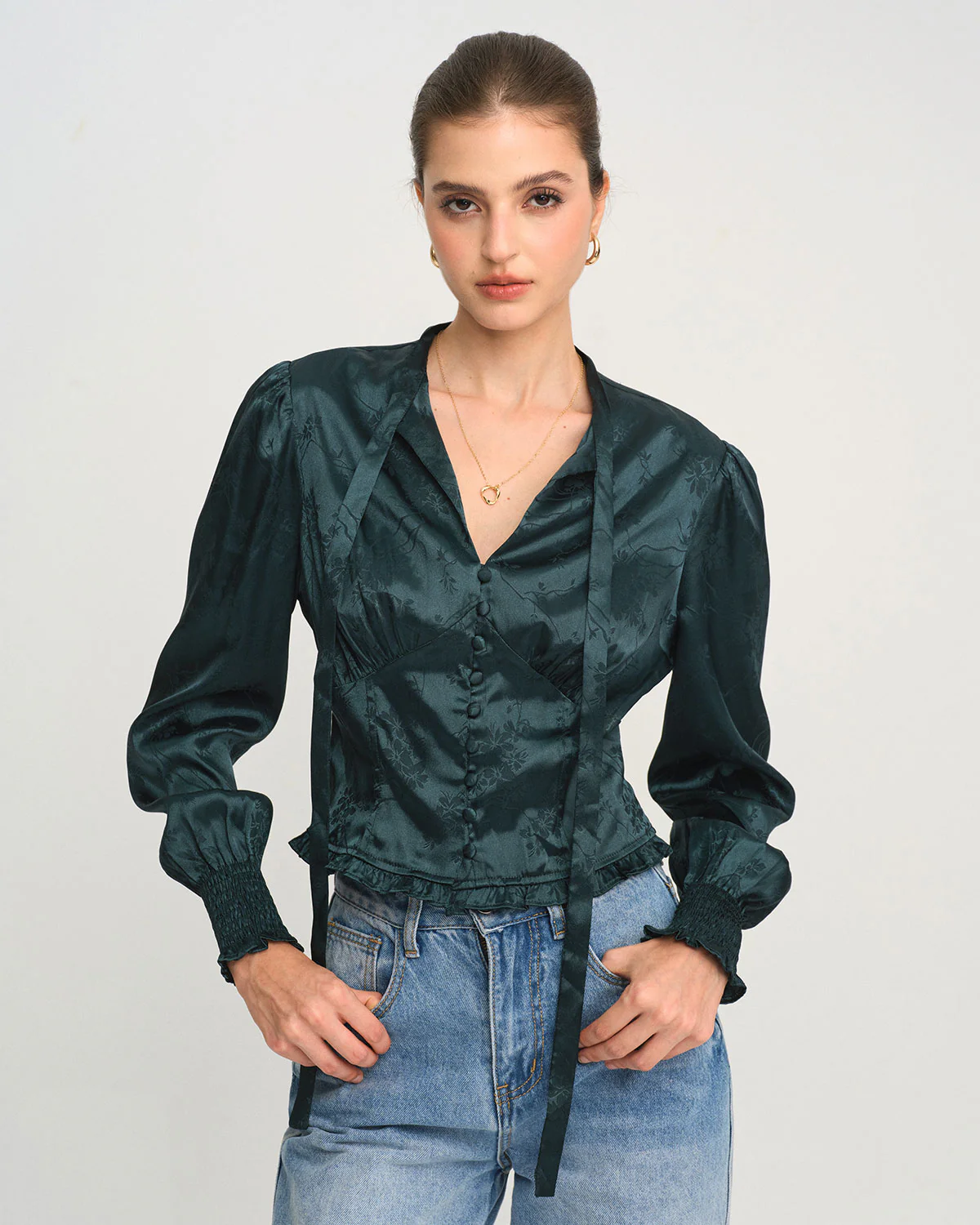 Green Jacquard Tie Neck Blouse - Image 3