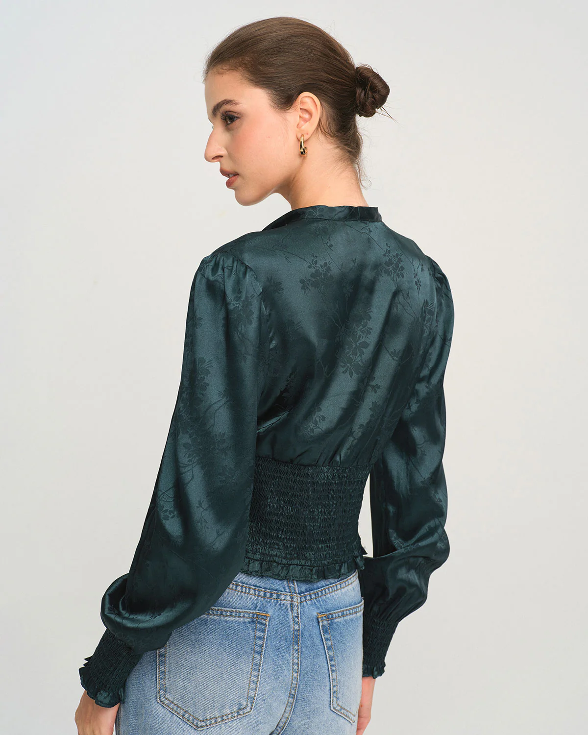 Green Jacquard Tie Neck Blouse - Image 4