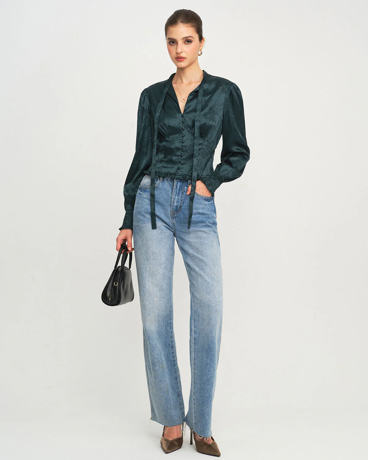 Green Jacquard Tie Neck Blouse - Image 5