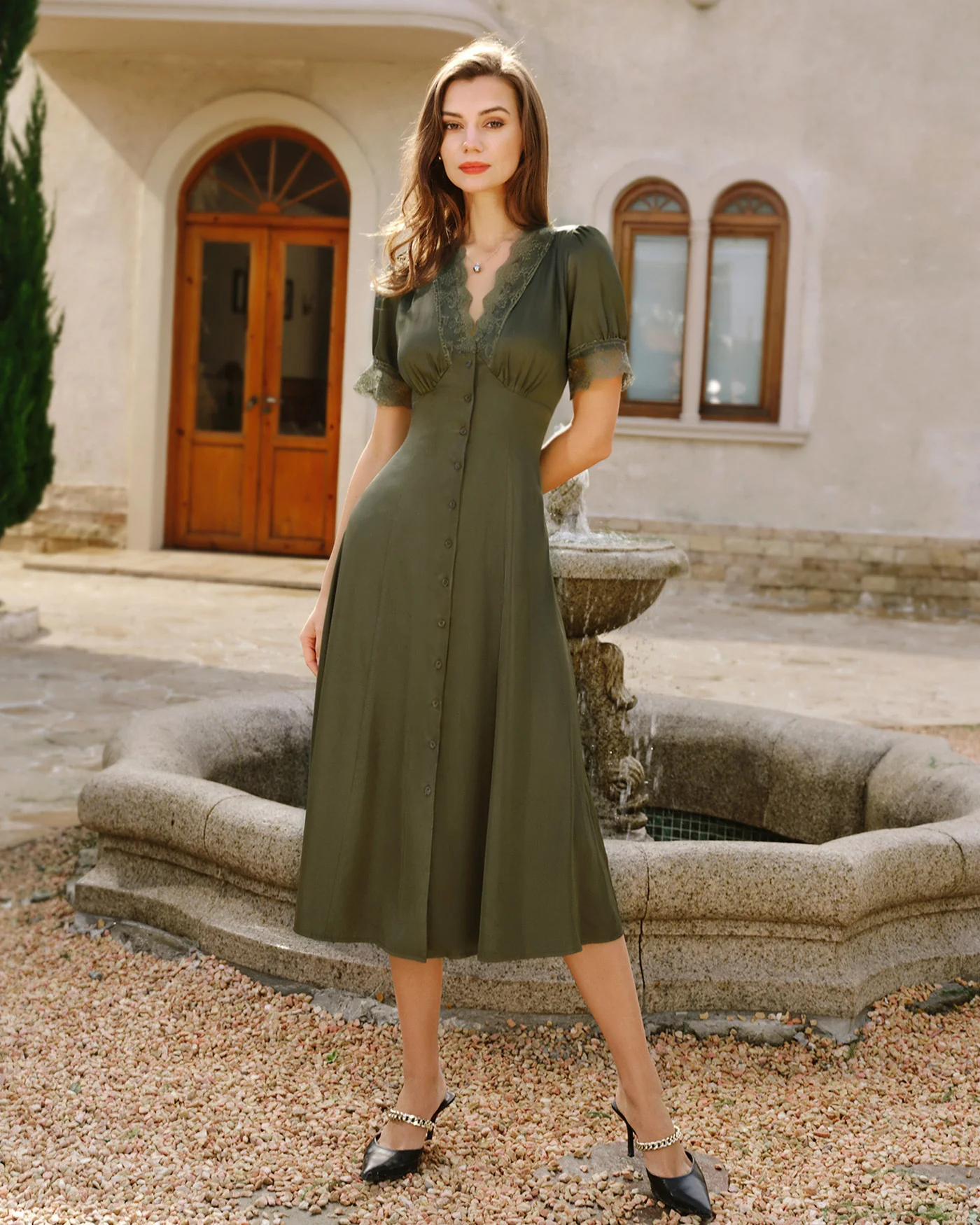 Green Lace Satin Midi Dress - Image 2
