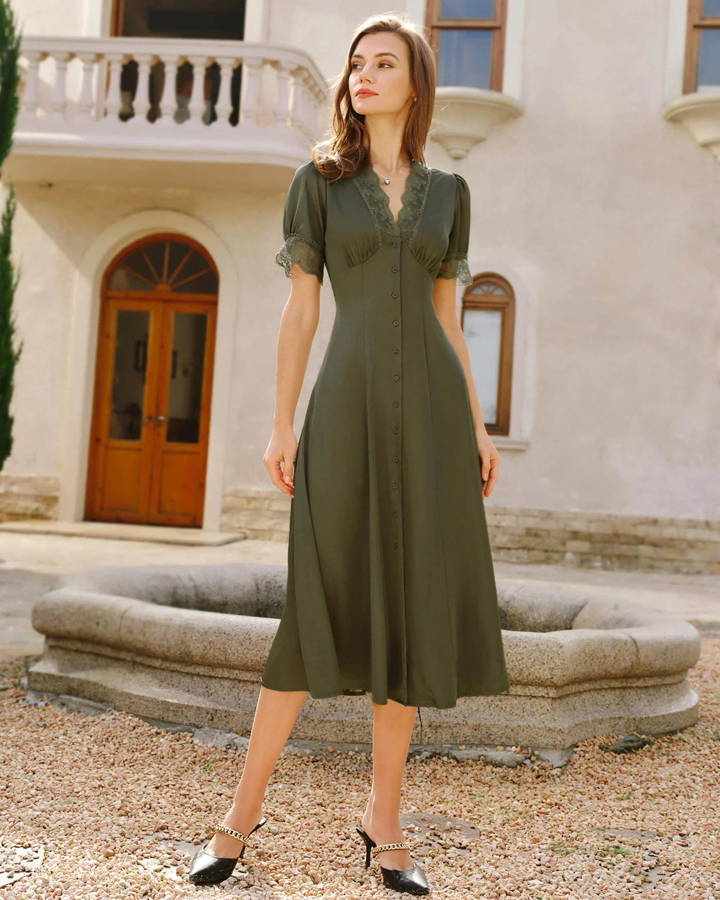 Green Lace Satin Midi Dress - Image 3