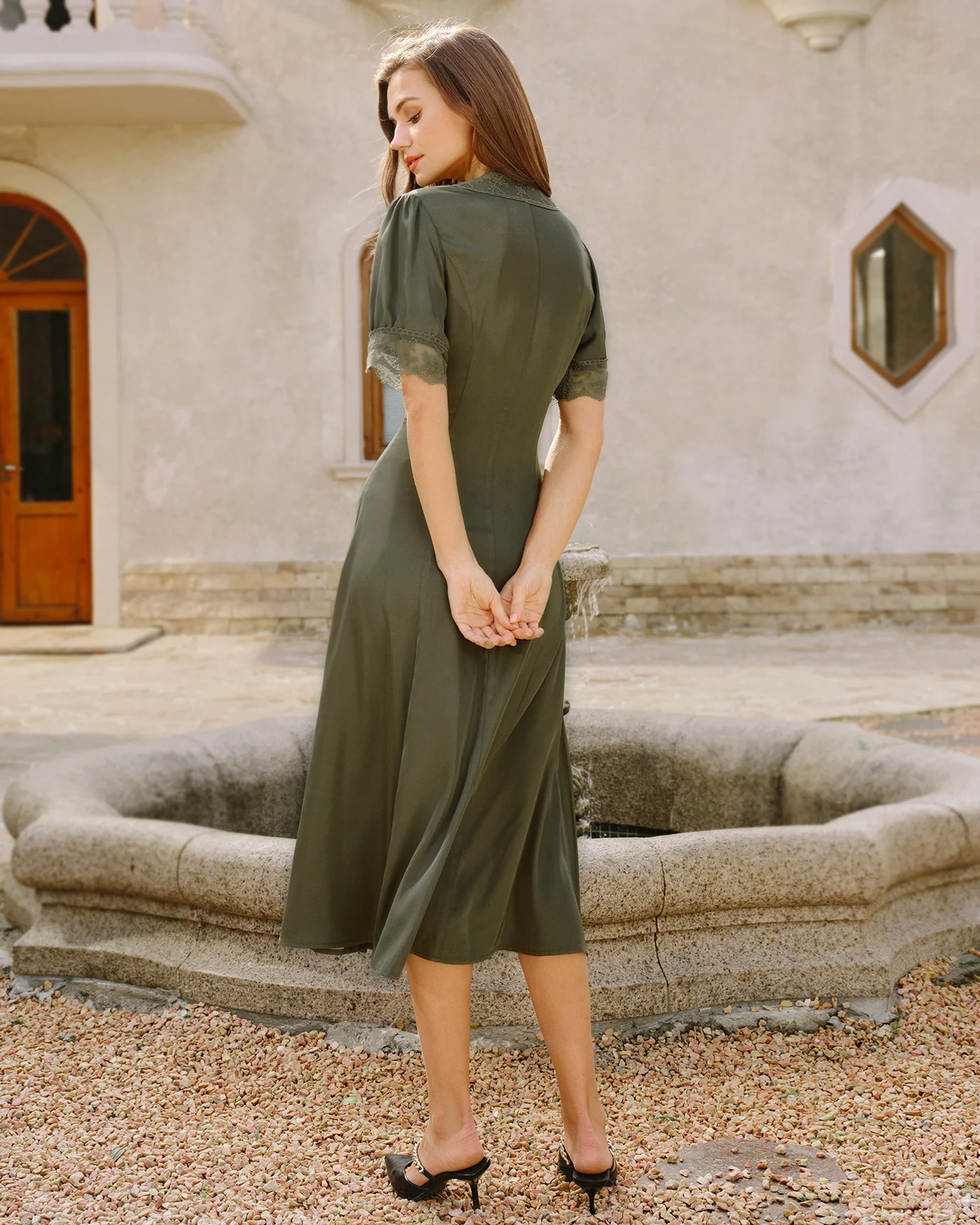 Green Lace Satin Midi Dress - Image 4