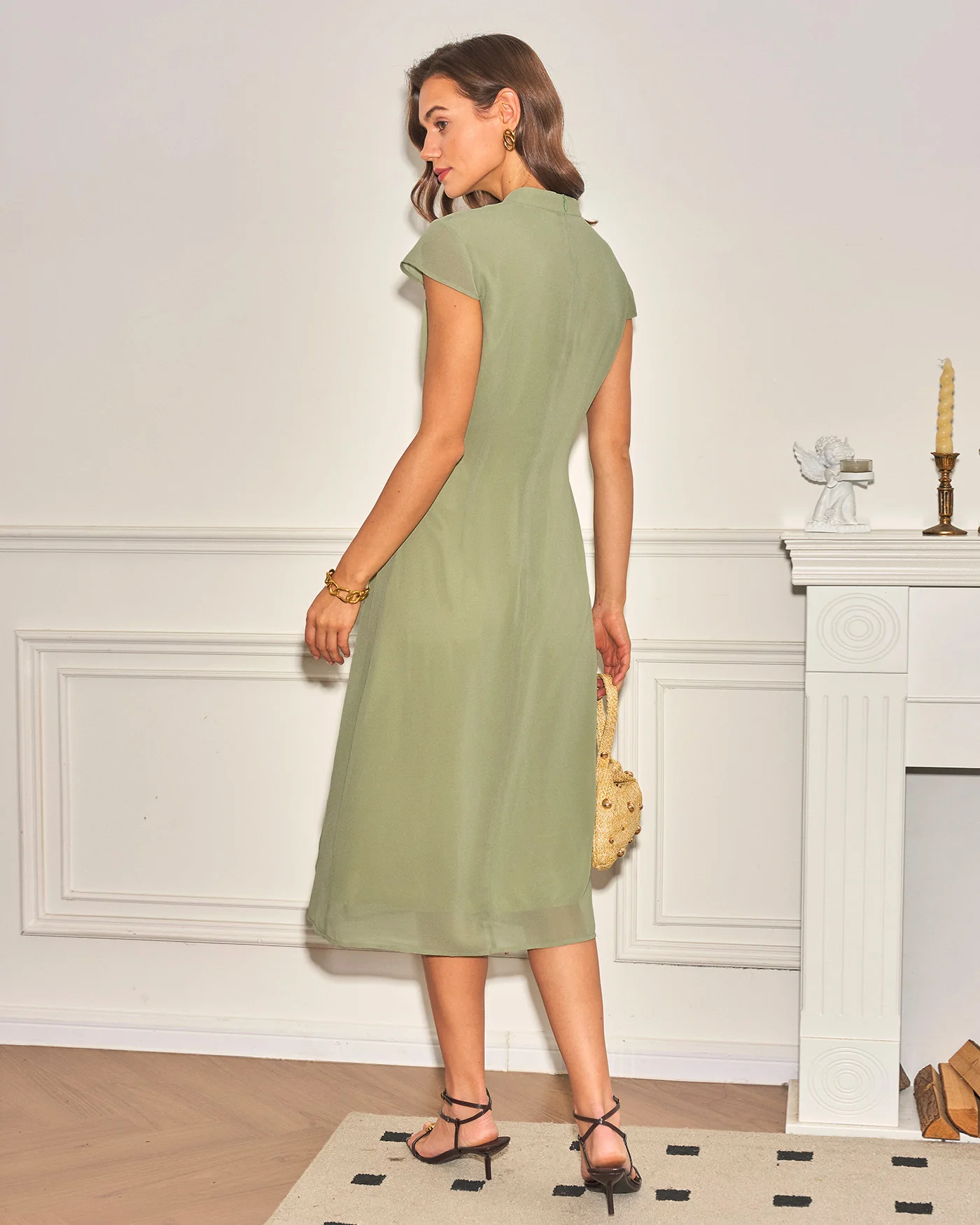 Green Mandarin Collar Chiffon Midi Dress - Image 5