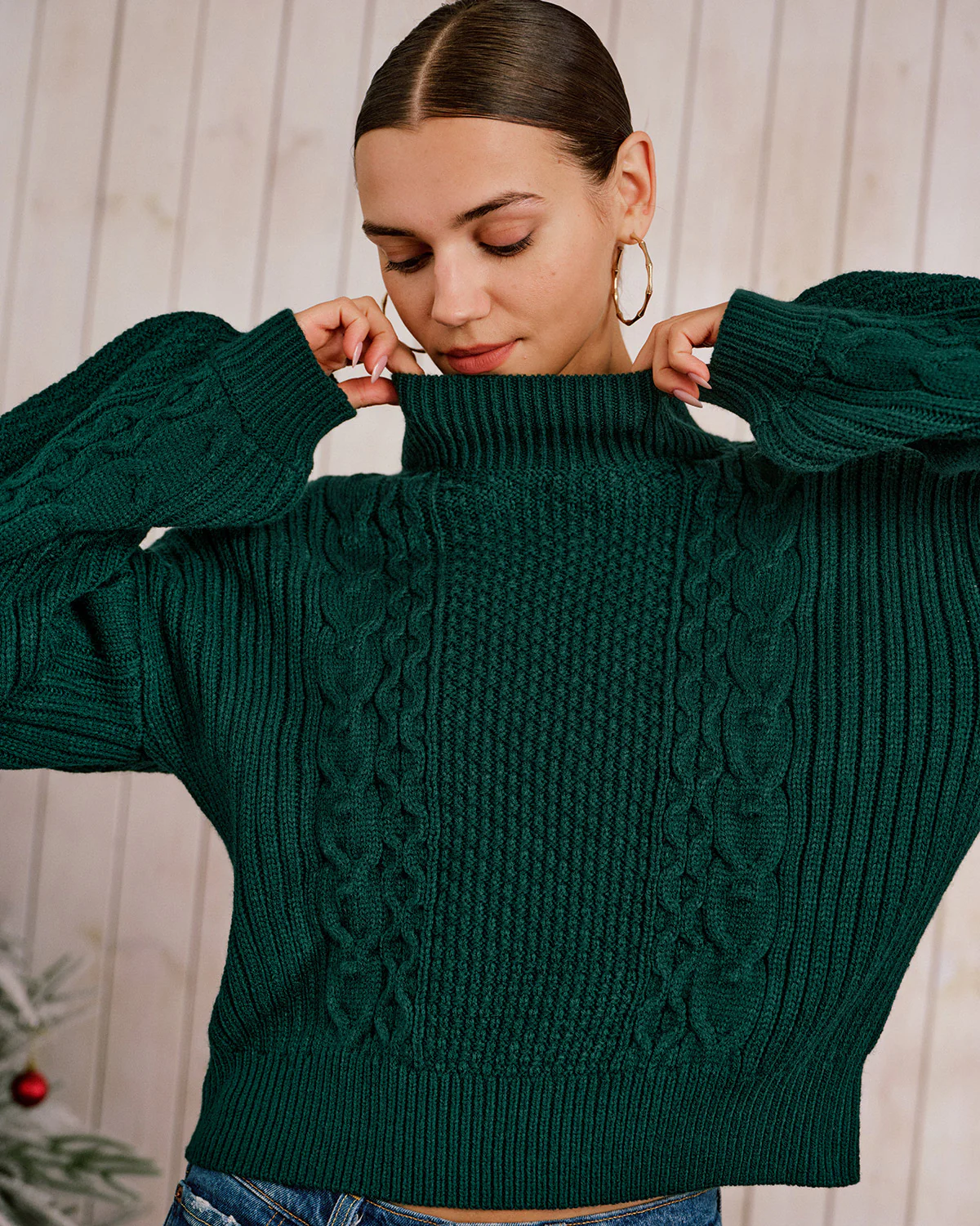 Green Mock Neck Lantern Sleeve Sweater - Image 2