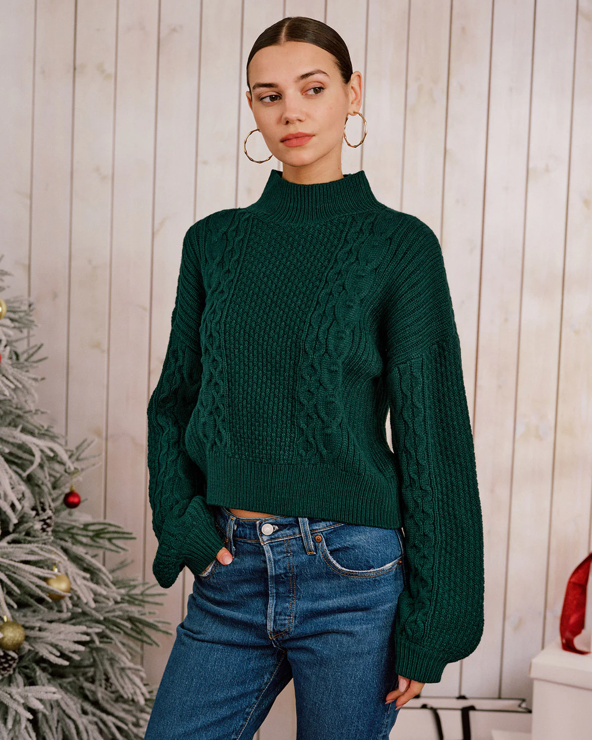 Green Mock Neck Lantern Sleeve Sweater - Image 3