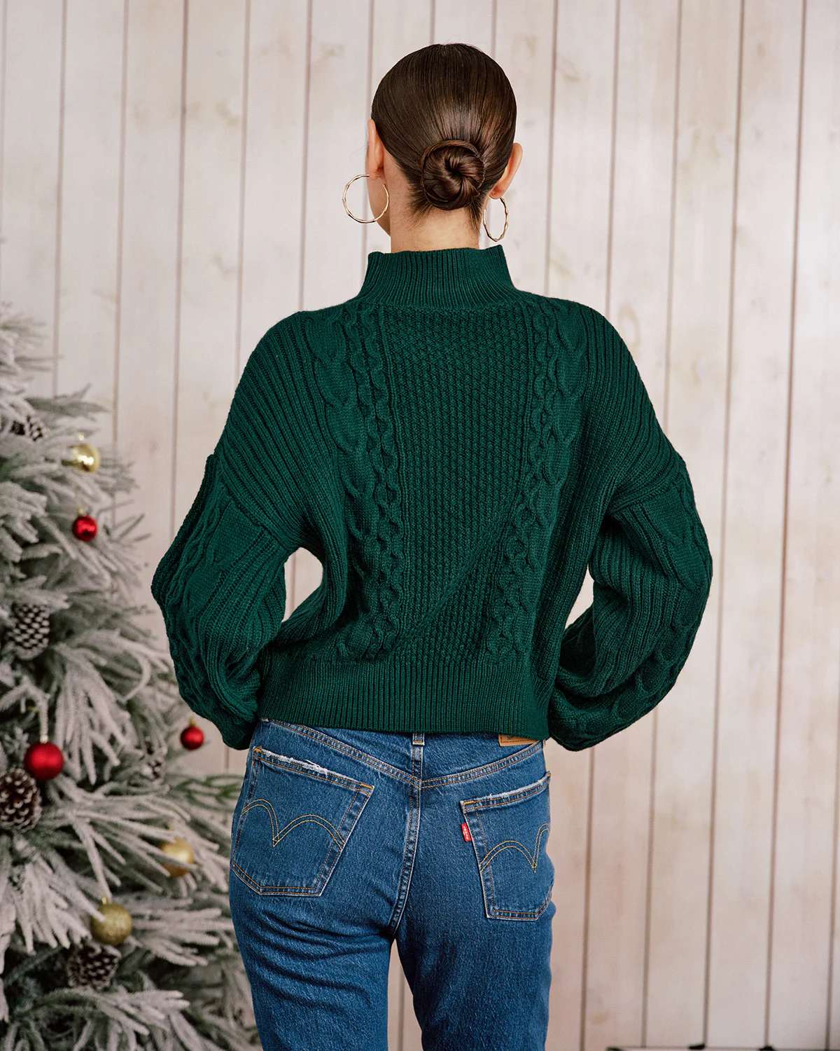 Green Mock Neck Lantern Sleeve Sweater - Image 4