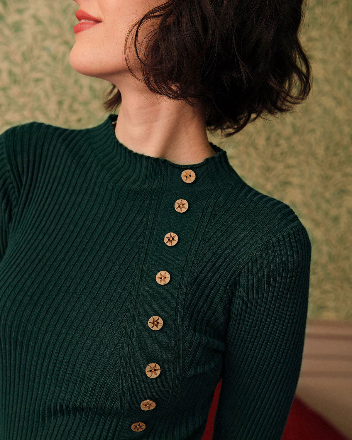 Green Mock Neck Ribbed Knit Tee - Image 2