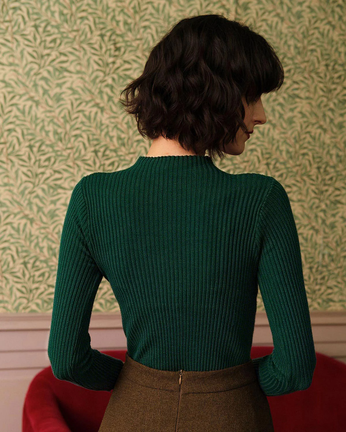Green Mock Neck Ribbed Knit Tee - Image 3