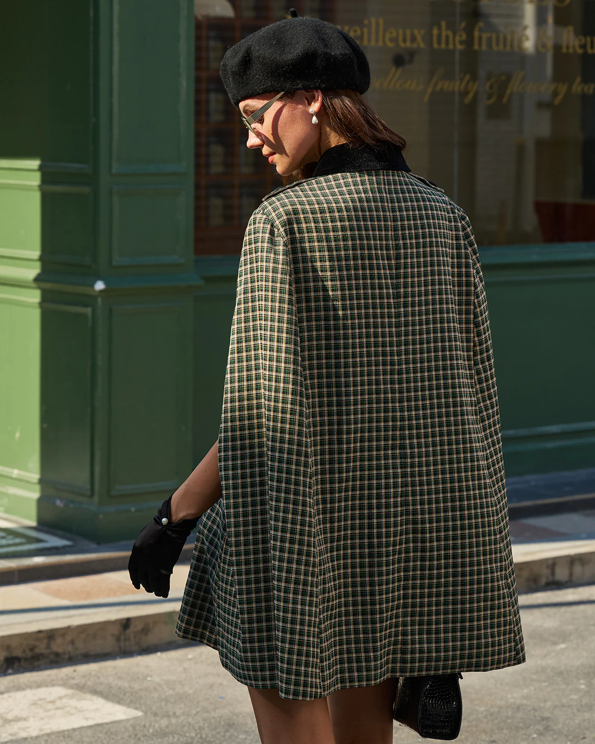 Green Plaid Cape Sleeve Coat - Image 2