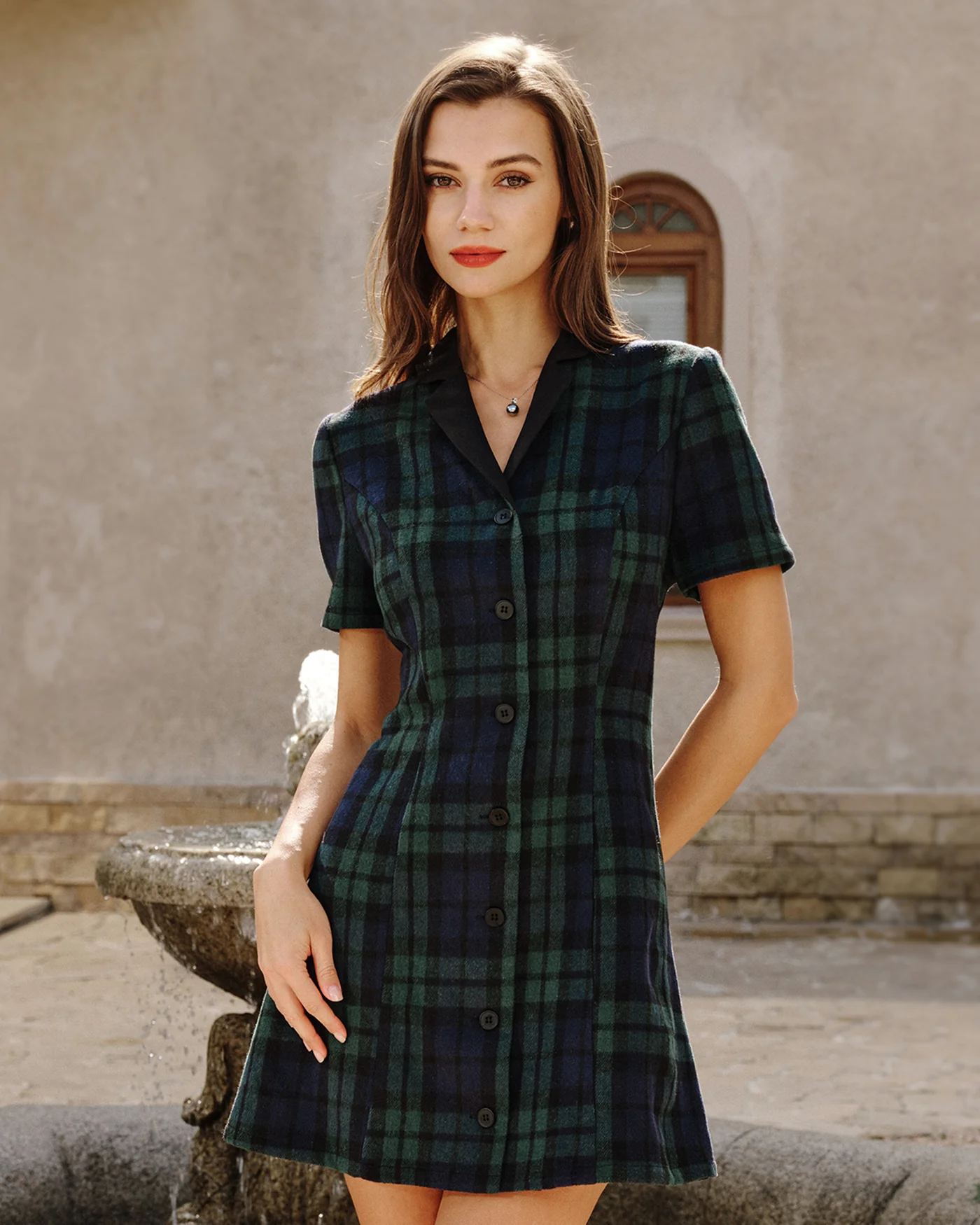 Green Plaid Collar Mini Dress - Image 2