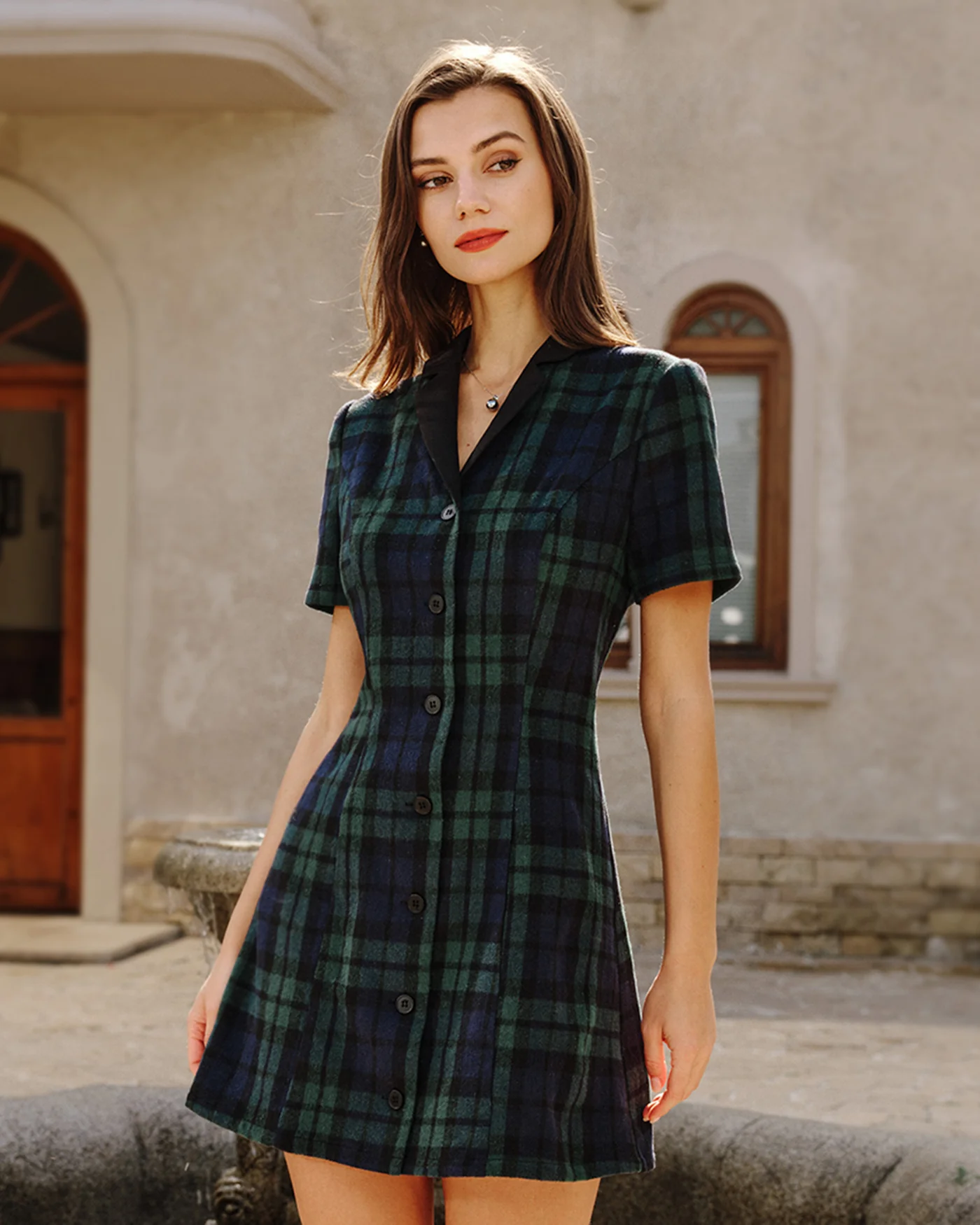 Green Plaid Collar Mini Dress - Image 3