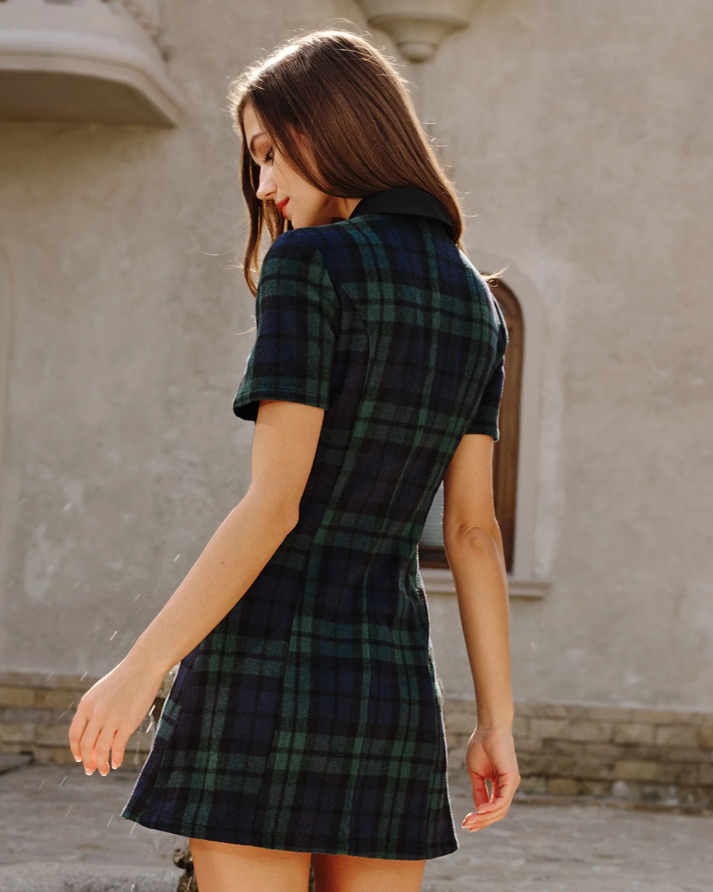 Green Plaid Collar Mini Dress - Image 4