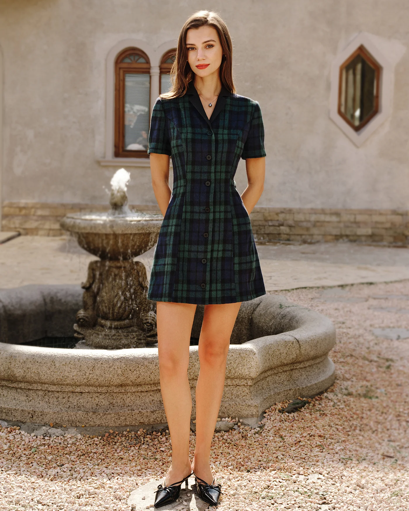 Green Plaid Collar Mini Dress - Image 5