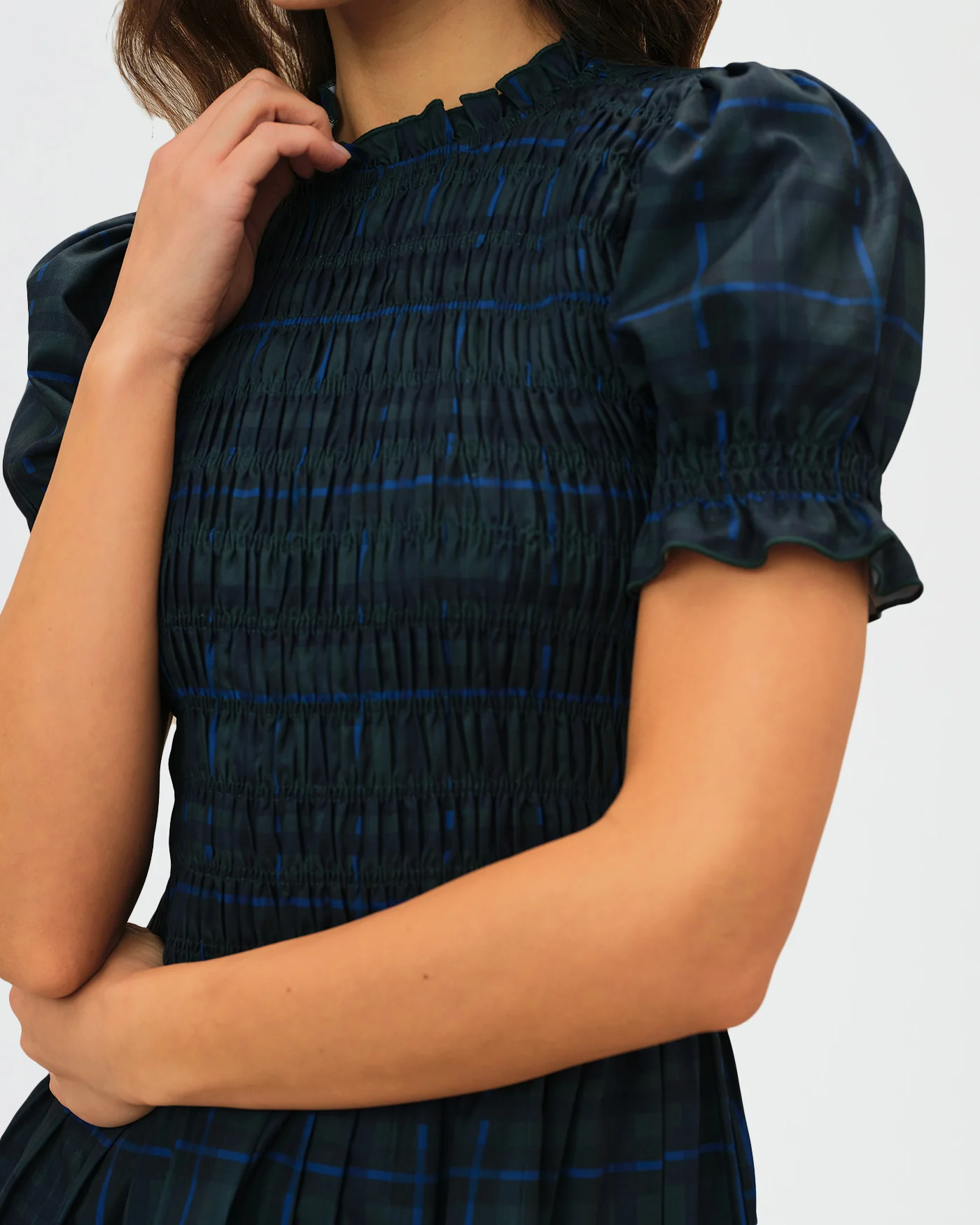 Green Plaid Puffed Sleeve Mini Dress - Image 2