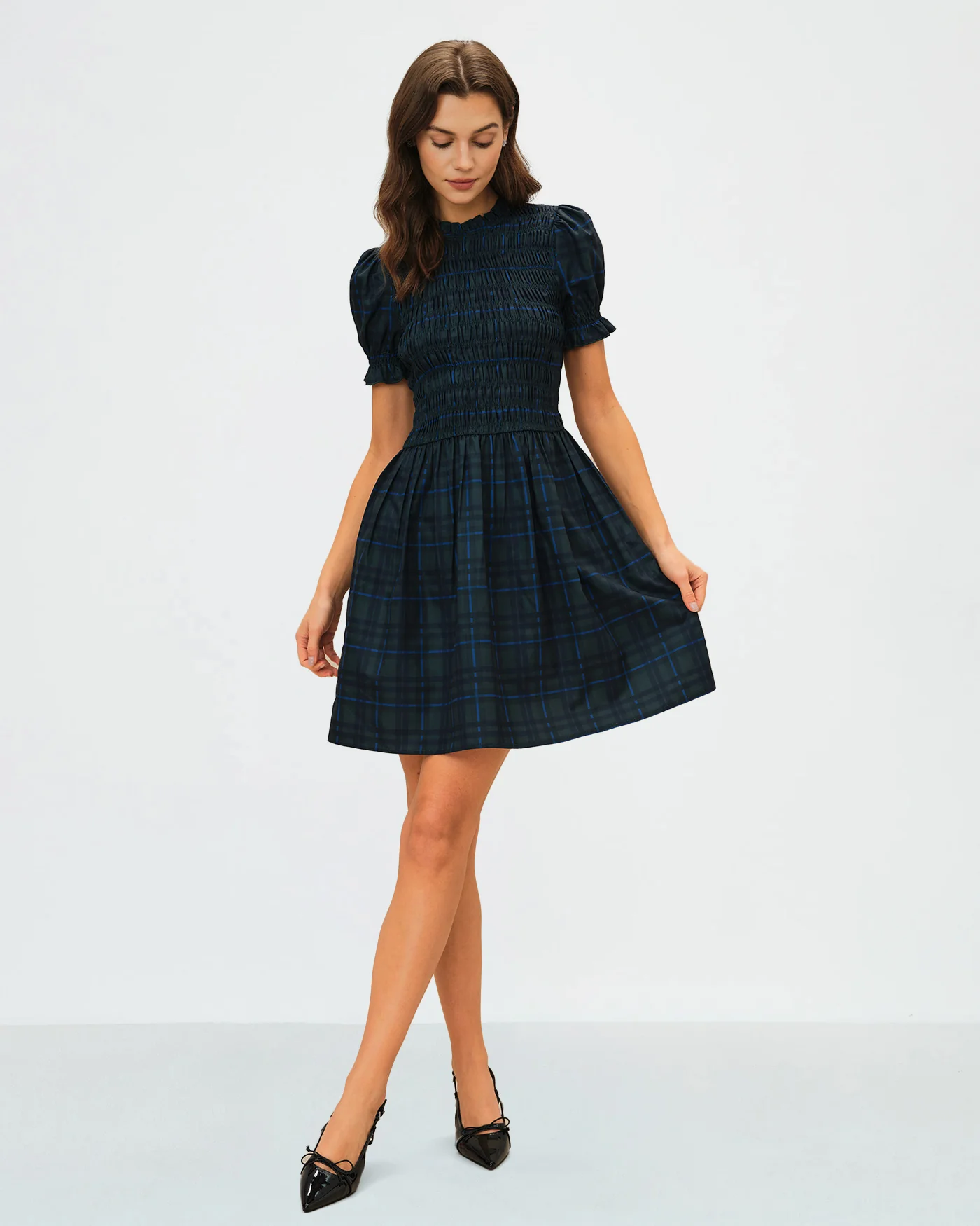 Green Plaid Puffed Sleeve Mini Dress - Image 3
