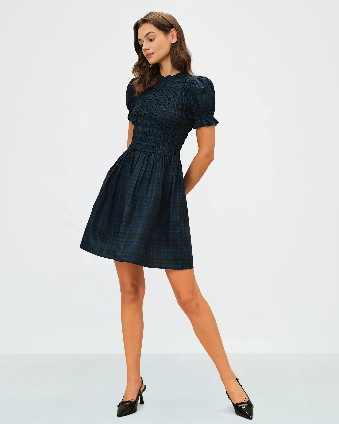 Green Plaid Puffed Sleeve Mini Dress - Image 4