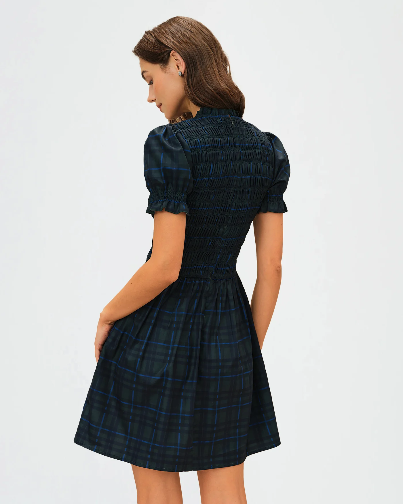 Green Plaid Puffed Sleeve Mini Dress - Image 5