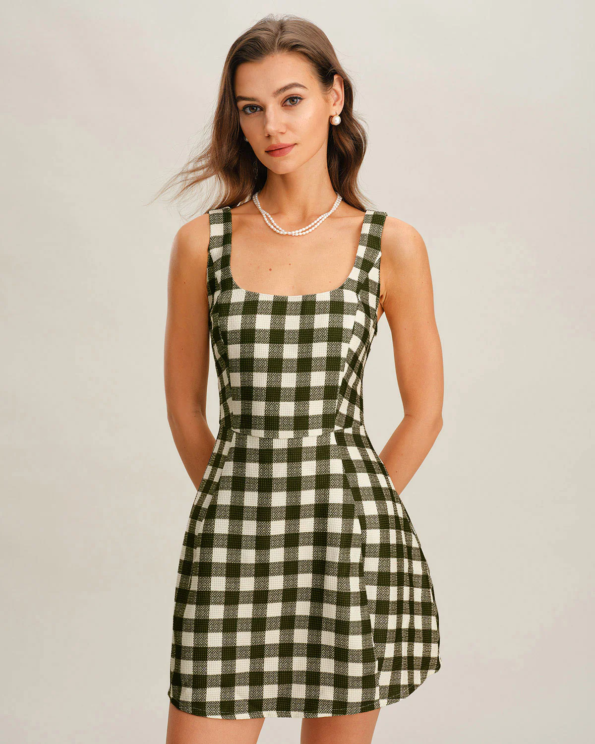 Green Plaid Sleeveless Mini Dress - Image 2