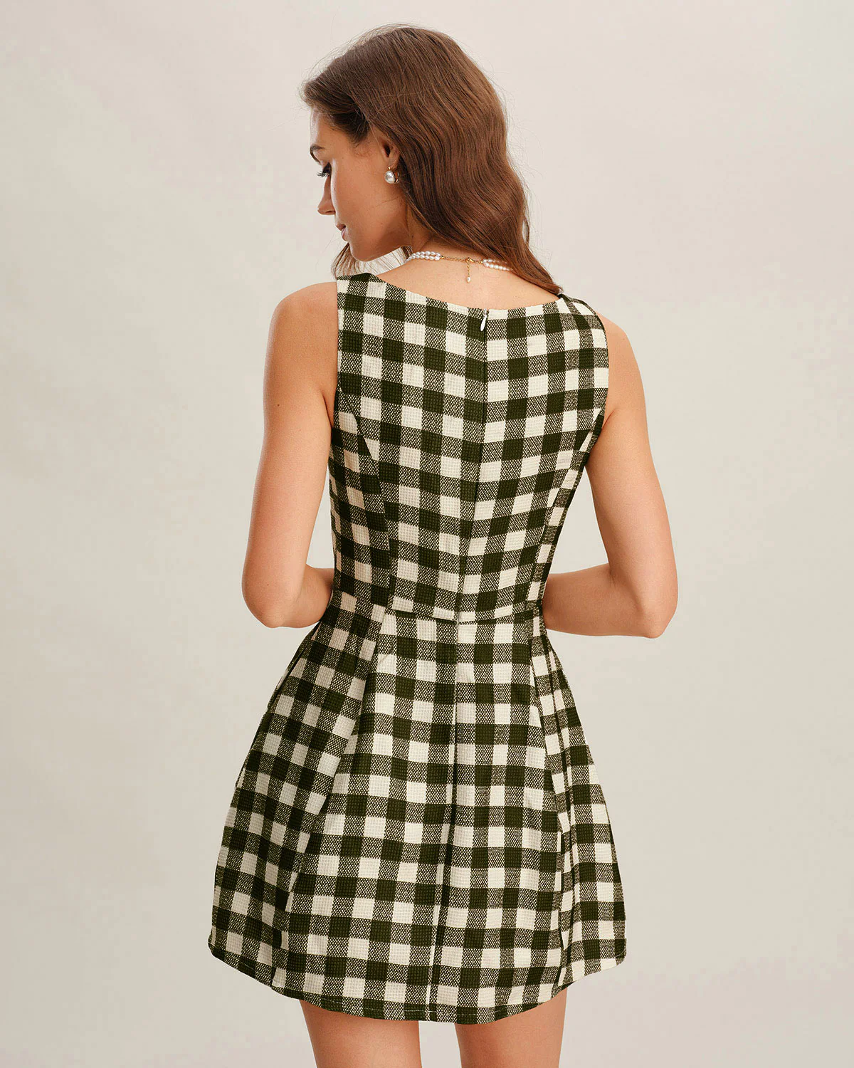 Green Plaid Sleeveless Mini Dress - Image 3