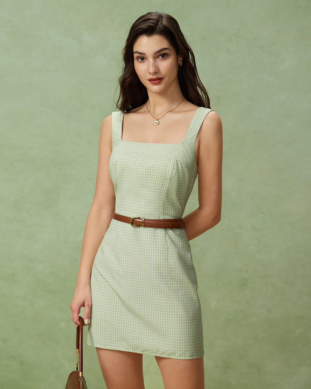 Green Plaid Square Neck Shirred Slip Mini Dress - Image 3