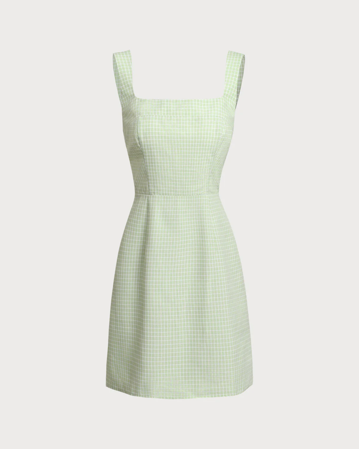 Green Plaid Square Neck Shirred Slip Mini Dress - Image 6