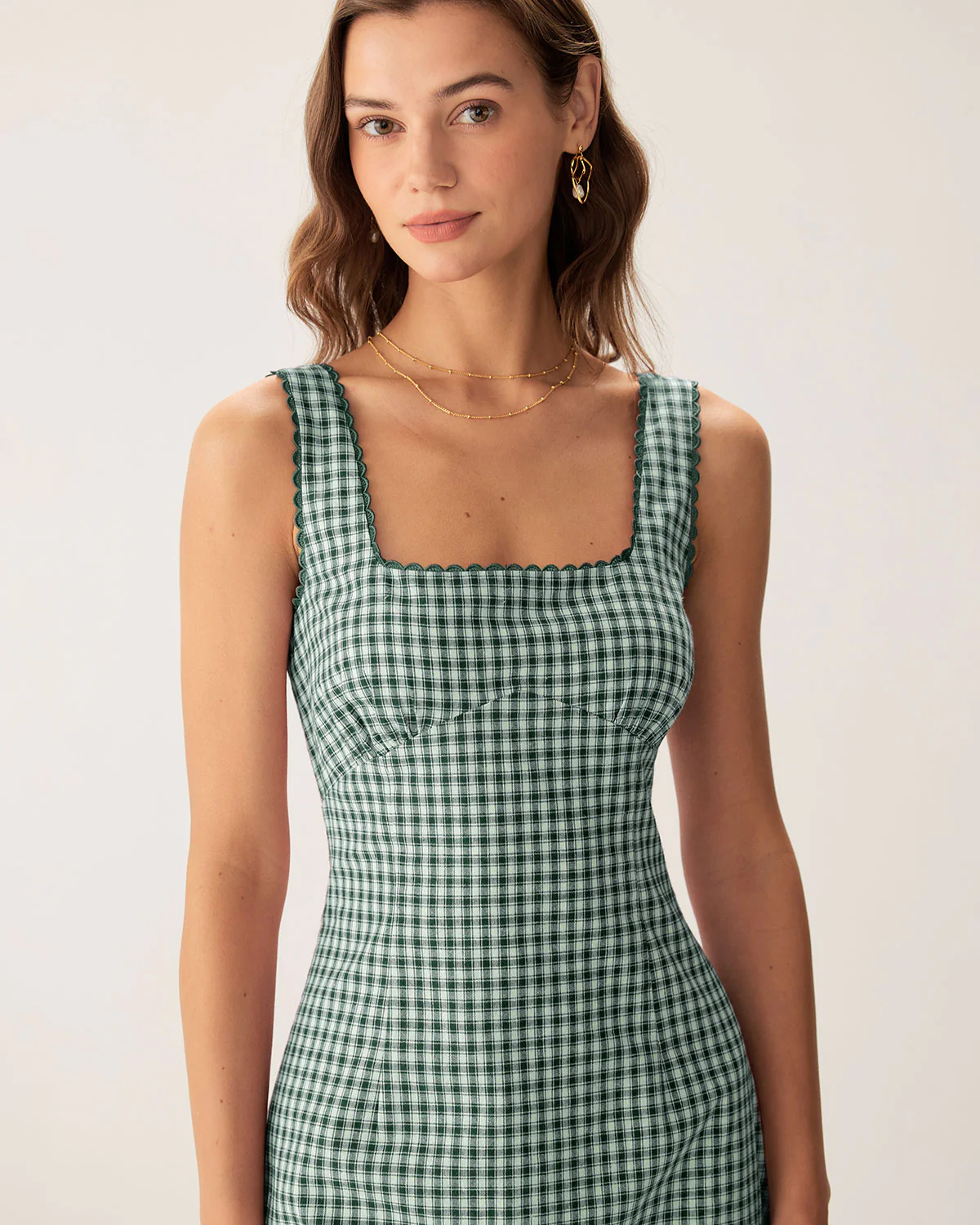 Green Plaid Square Neck Slip Mini Dress - Image 2