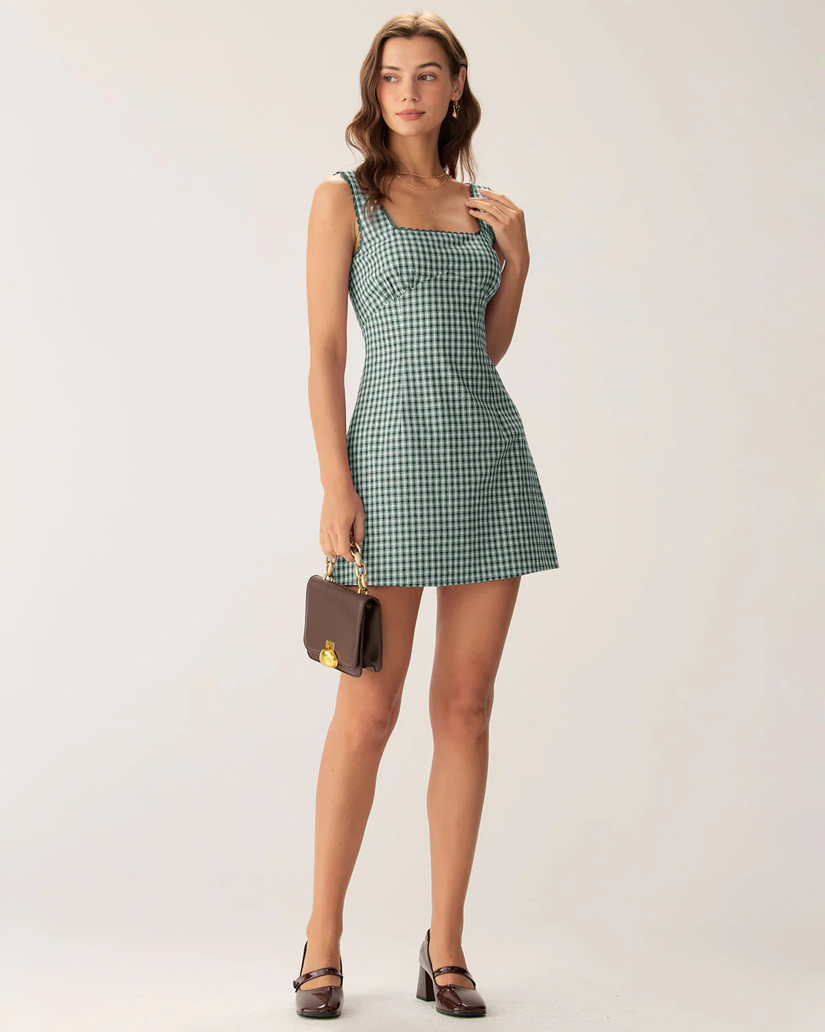Green Plaid Square Neck Slip Mini Dress - Image 3