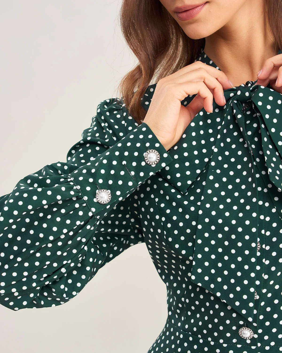 Green Polka Dot Tie Neck Midi Dress - Image 2